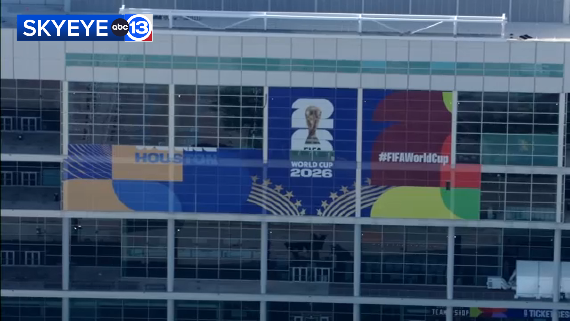 Images from SkyEye13 showed World Cup signage going up around Houston Stadium on Friday. The stadium will revert to its former name, Reliant Stadium, after years as NRG Stadium.