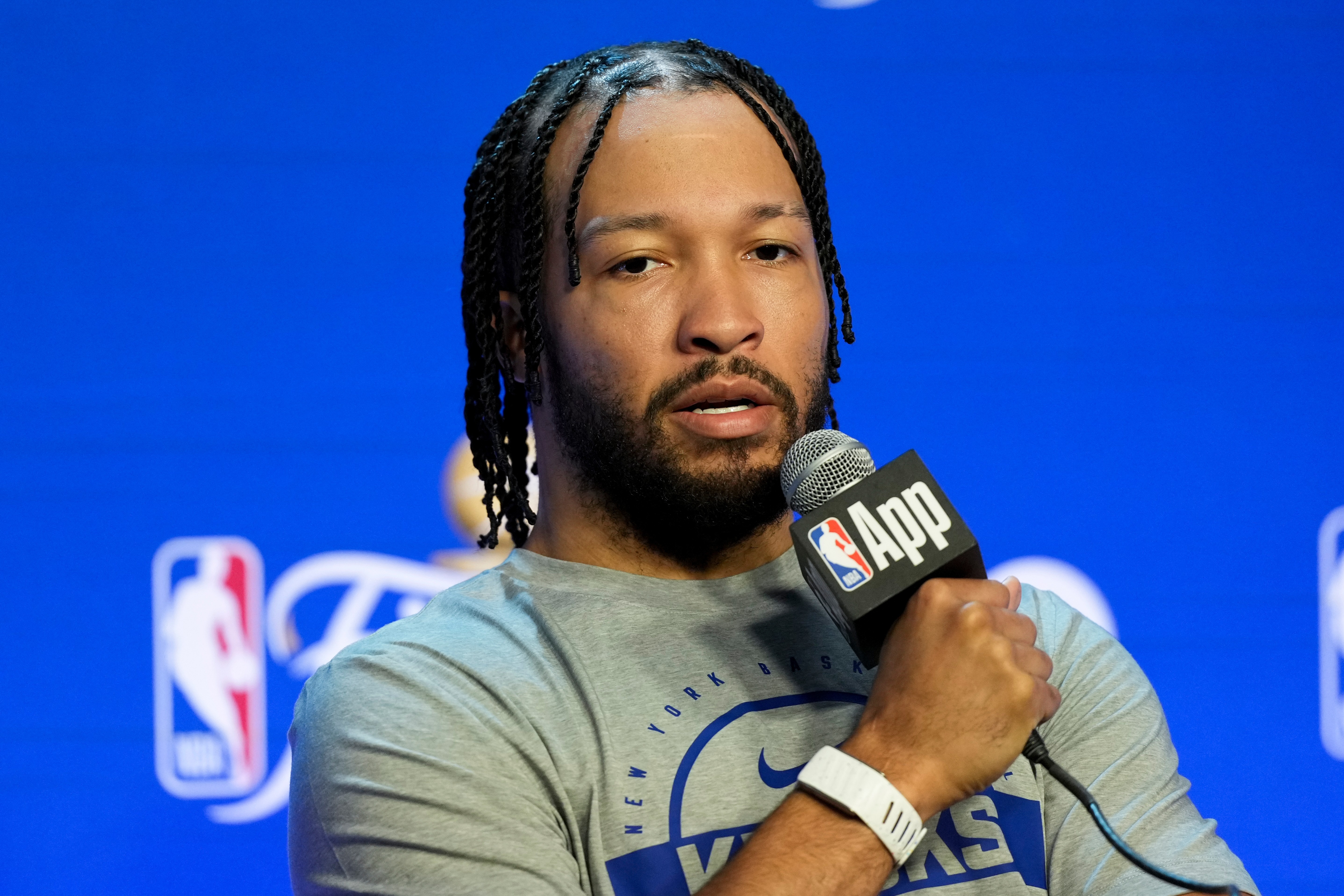 New York Knicks guard Jalen Brunson speaks with the media prior to the start of the NBA Finals basketball series against the San Antonio Spurs.