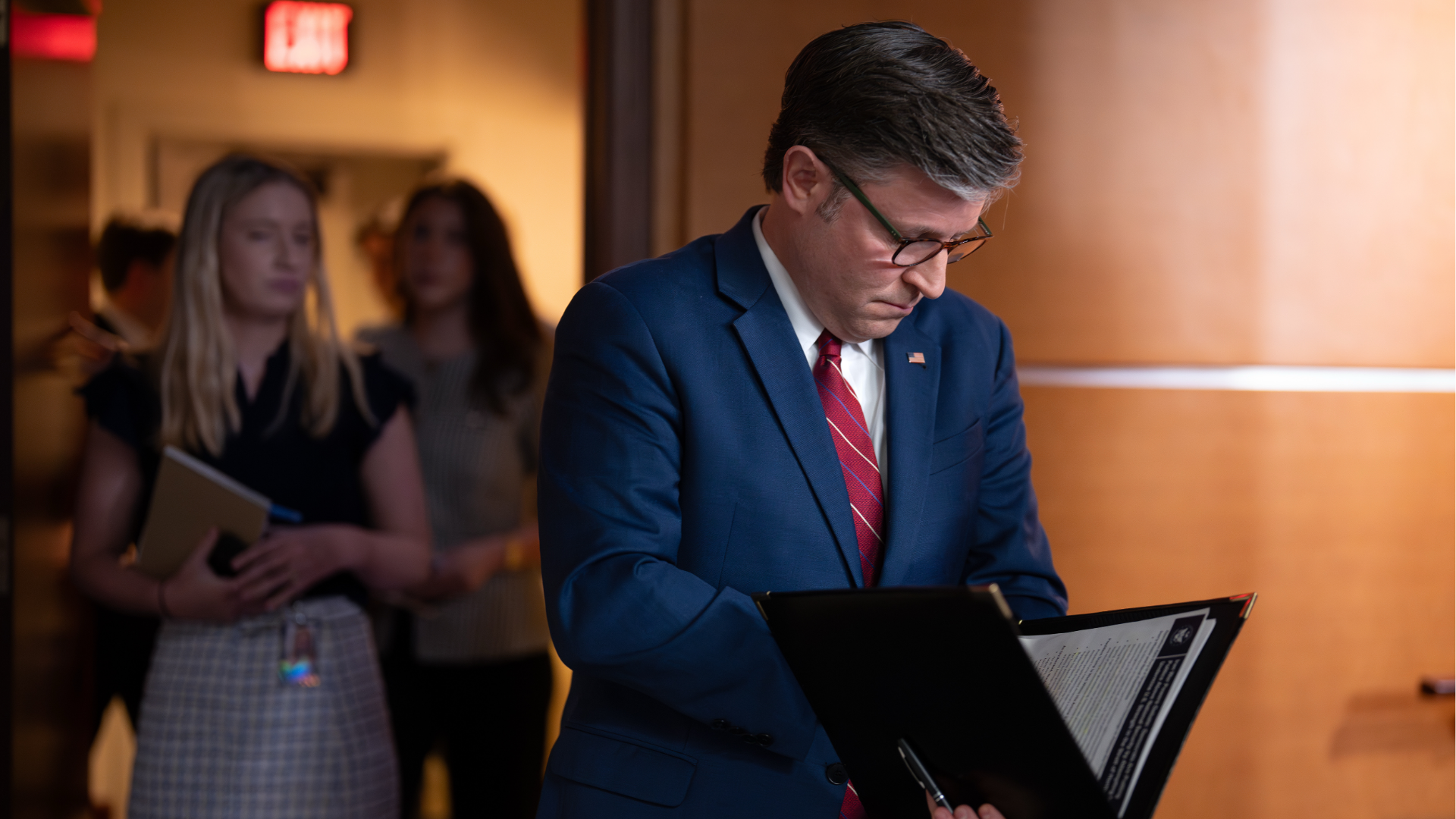 Speaker of the House Mike Johnson, R-La., joined by GOP leaders, arrives to talk to reporters at the Capitol in Washington, Wednesday, June 3, 2026.