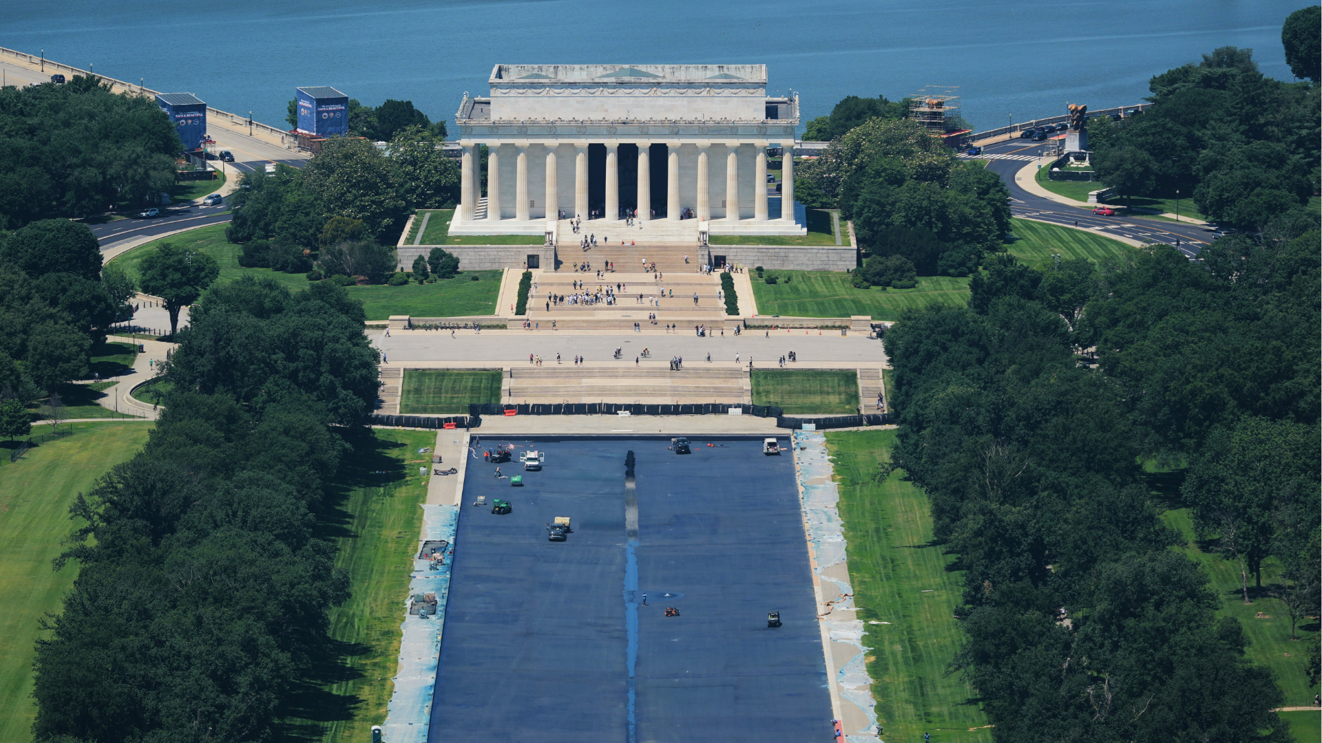 Work continues on the Lincoln Memorial Reflecting Pool, Thursday, June 4, 2026, as seen from the Washington Monument in Washington. 