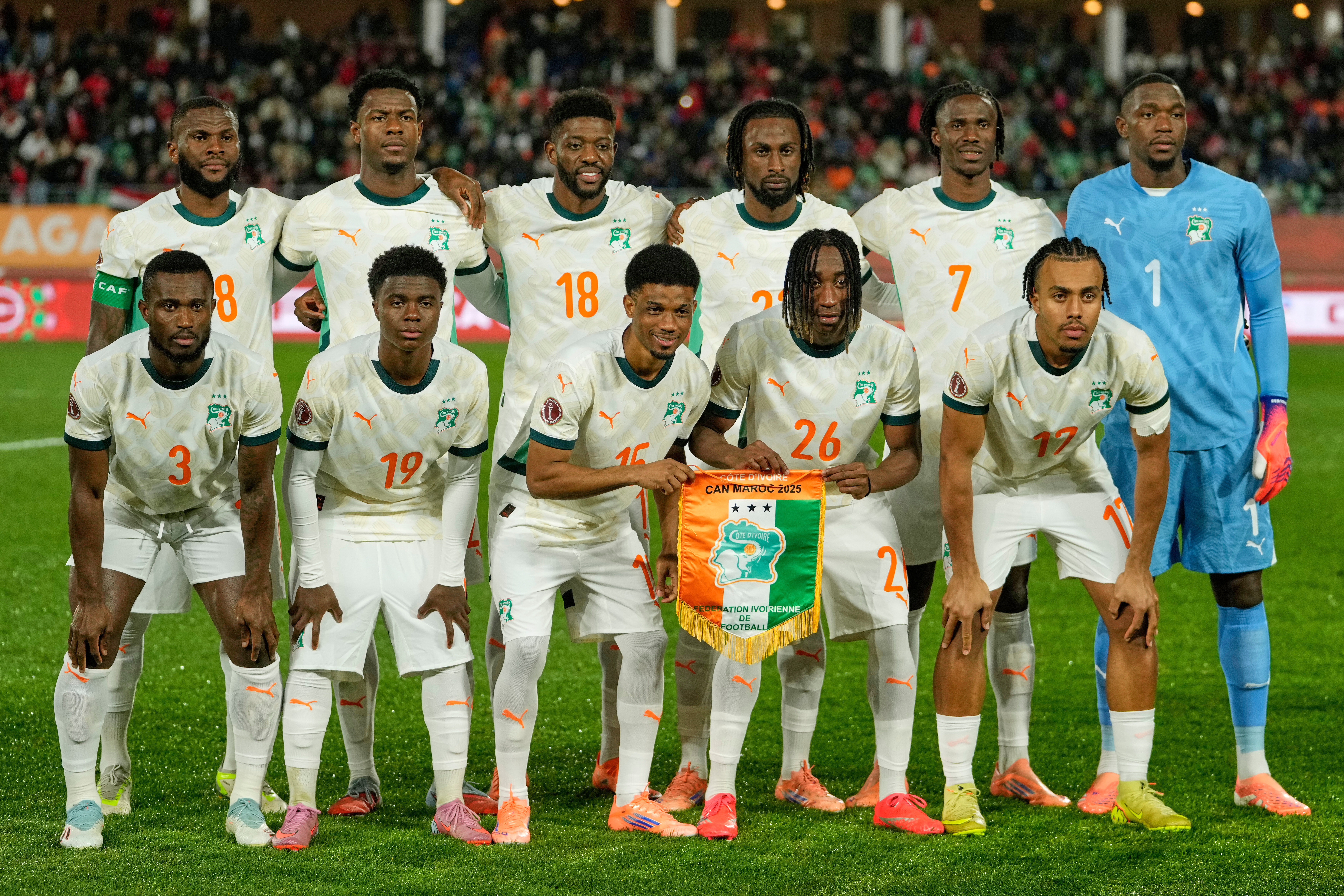 FILE - Ivory Coast players pose for a team photo ahead of the Africa Cup of Nations quarterfinal soccer match between Egypt and Ivory Coast, in Agadir, Morocco, Jan. 10, 2026.
