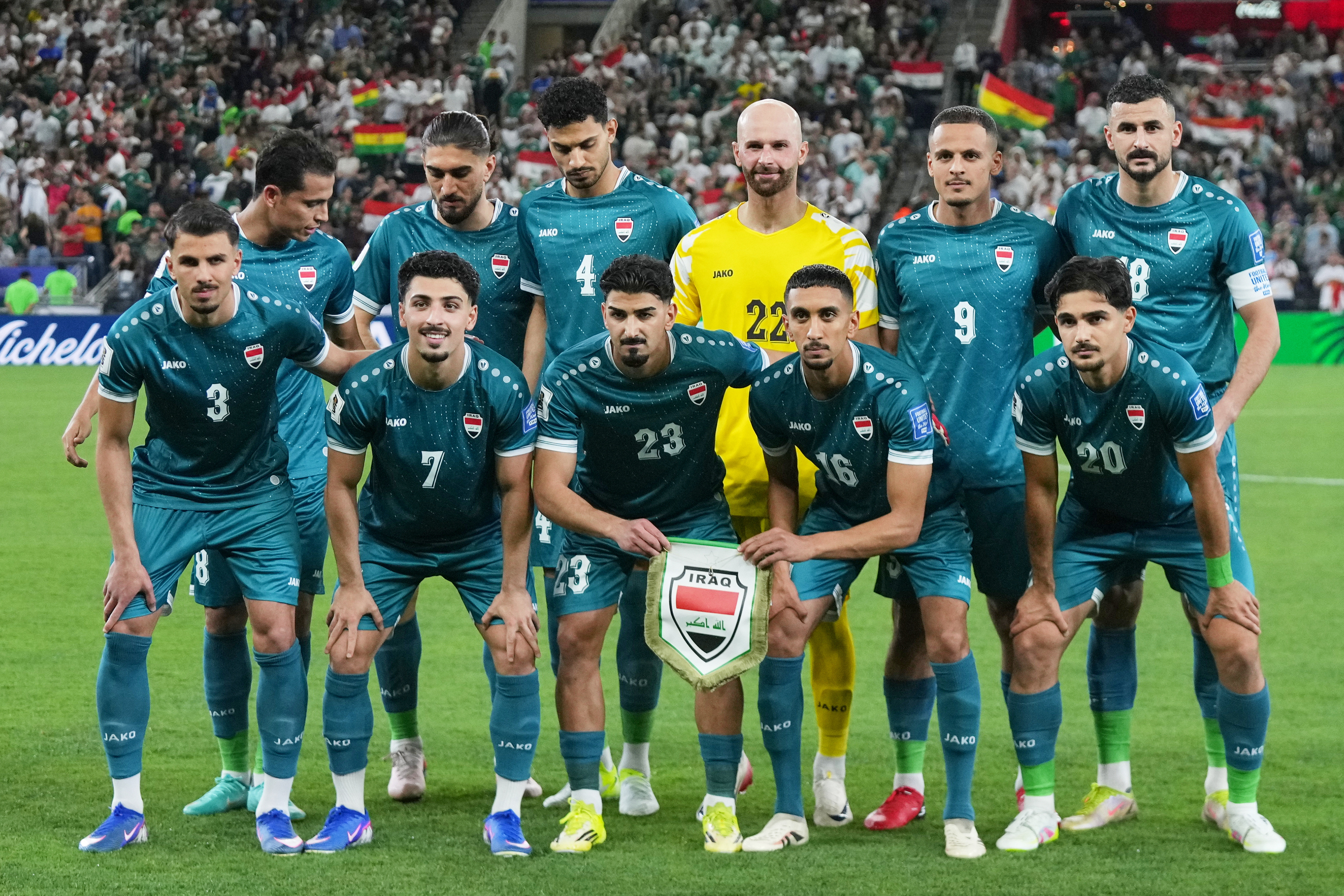 FILE - Iraq players pose for a team photo prior to the World Cup playoff final soccer match between Iraq and Bolivia in Monterrey, Mexico, Tuesday, March 31, 2026.