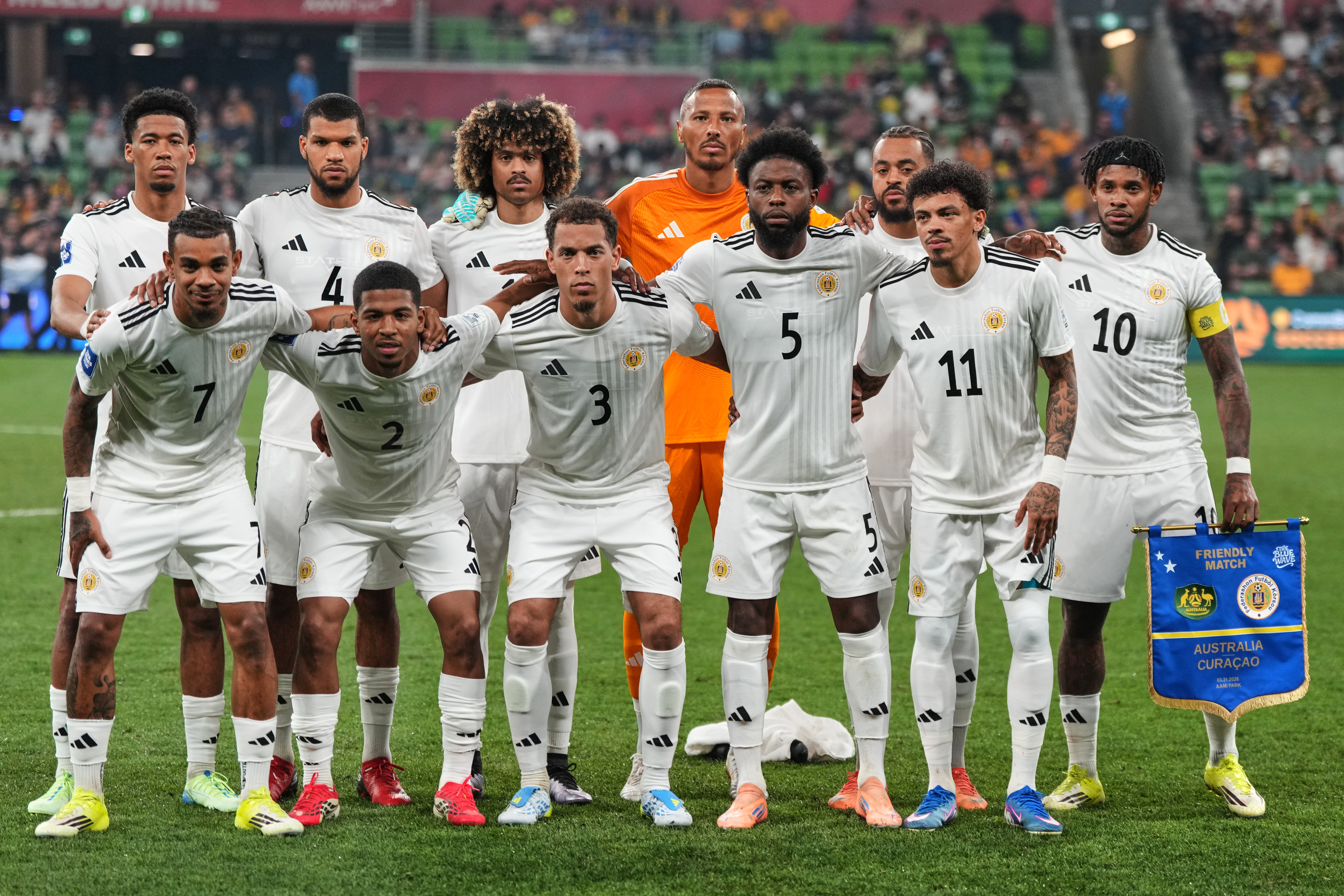 FILE - Curacao players pose for a team photo ahead of their international soccer friendly against Australia in Melbourne, Australia, Tuesday, March 31, 2026.