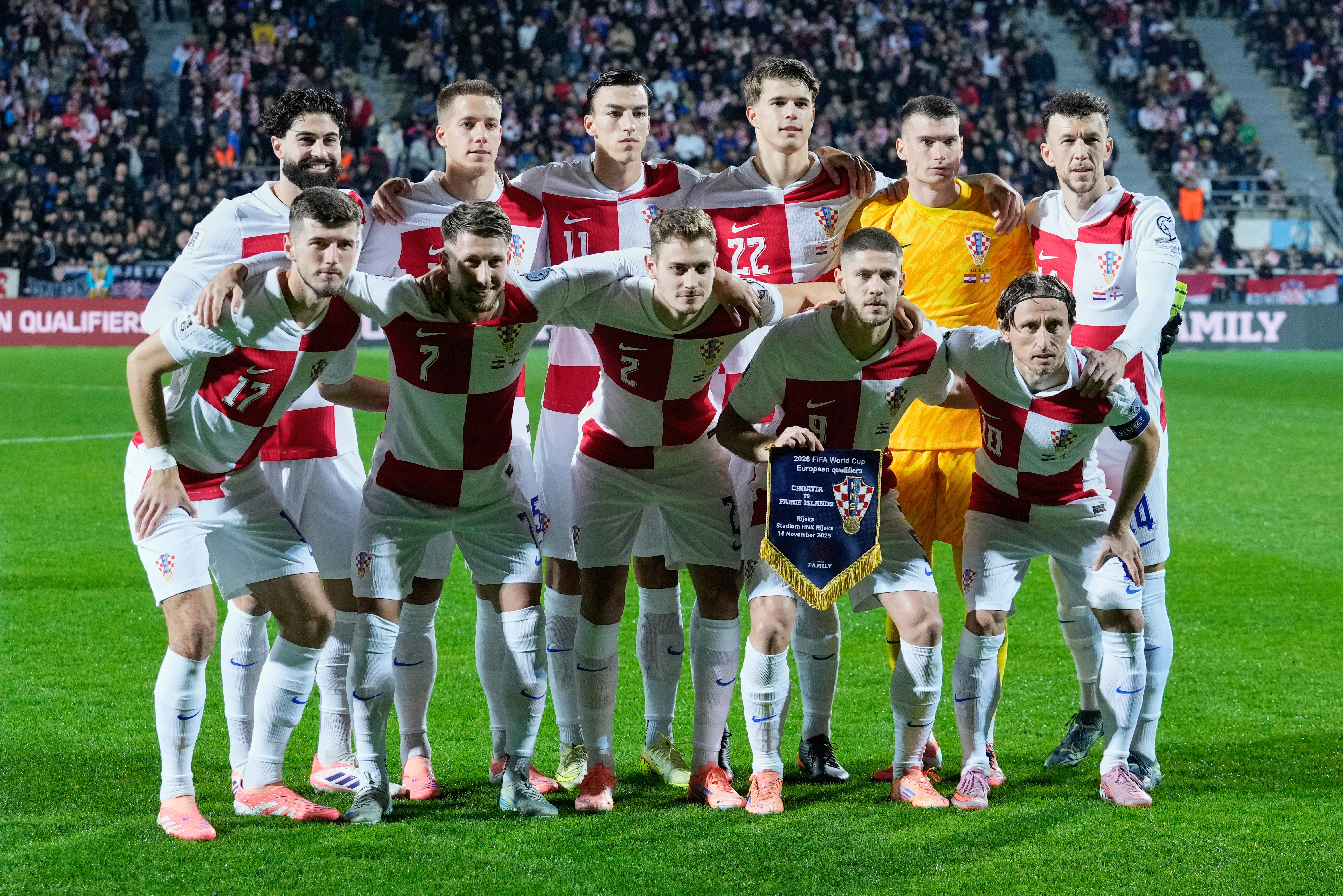 FILE - Croatia players pose for a team photo before a World Cup 2026 group L qualifying soccer match between Croatia and Faroe Islands in Rijeka, Croatia, Friday, Nov. 14, 2025.