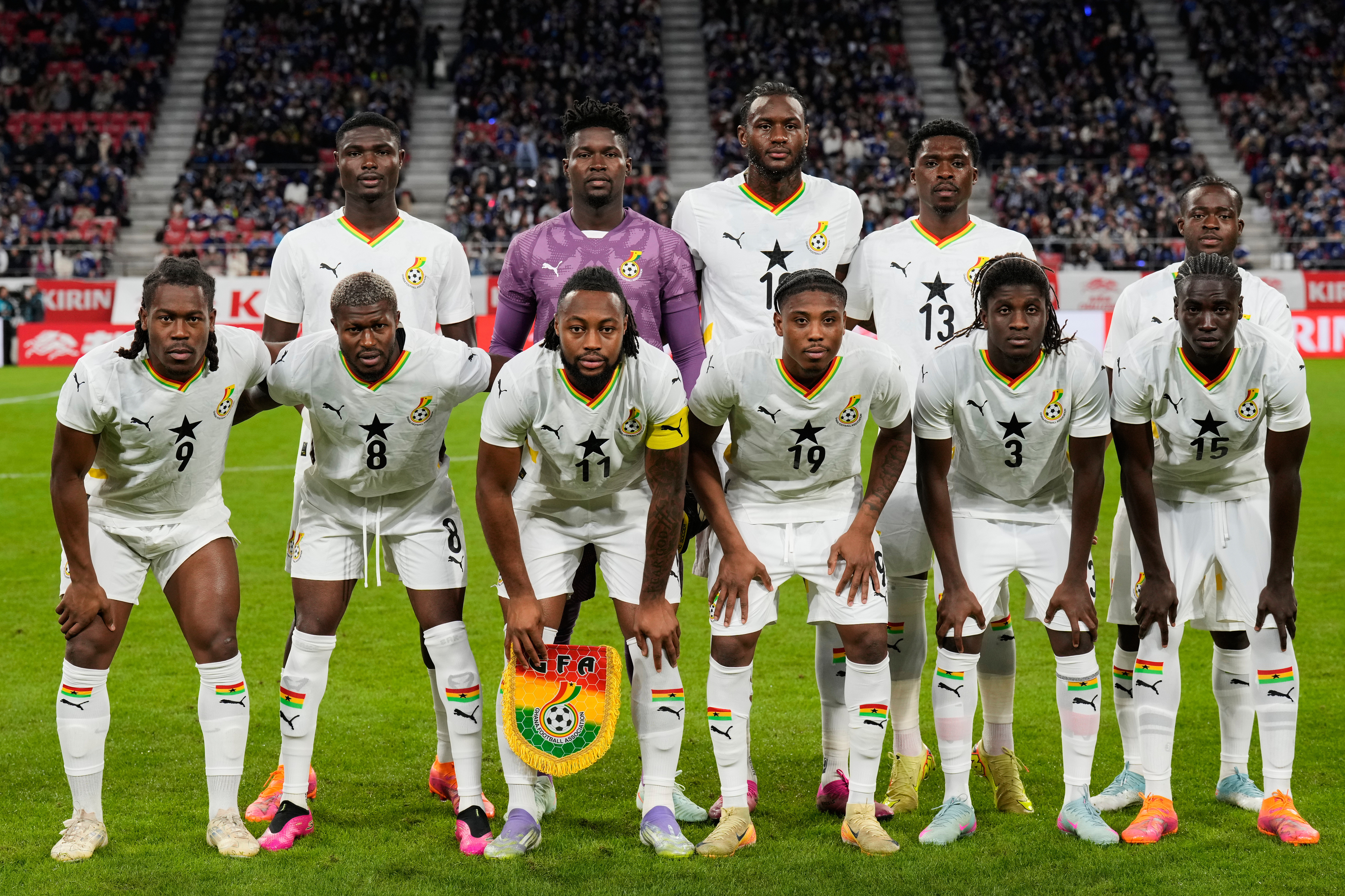 FILE - Ghana players poses for team photo prior to the start of the international friendly soccer match between Japan and Ghana in Toyota, central Japan Friday, Nov. 14, 2025.