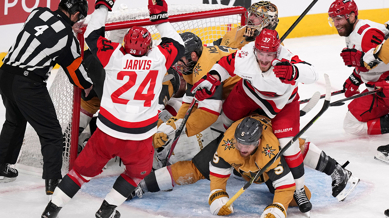 Andrei Svechnikov scores a wild goal late in the third period to tie the game at 4 on Saturday night.
