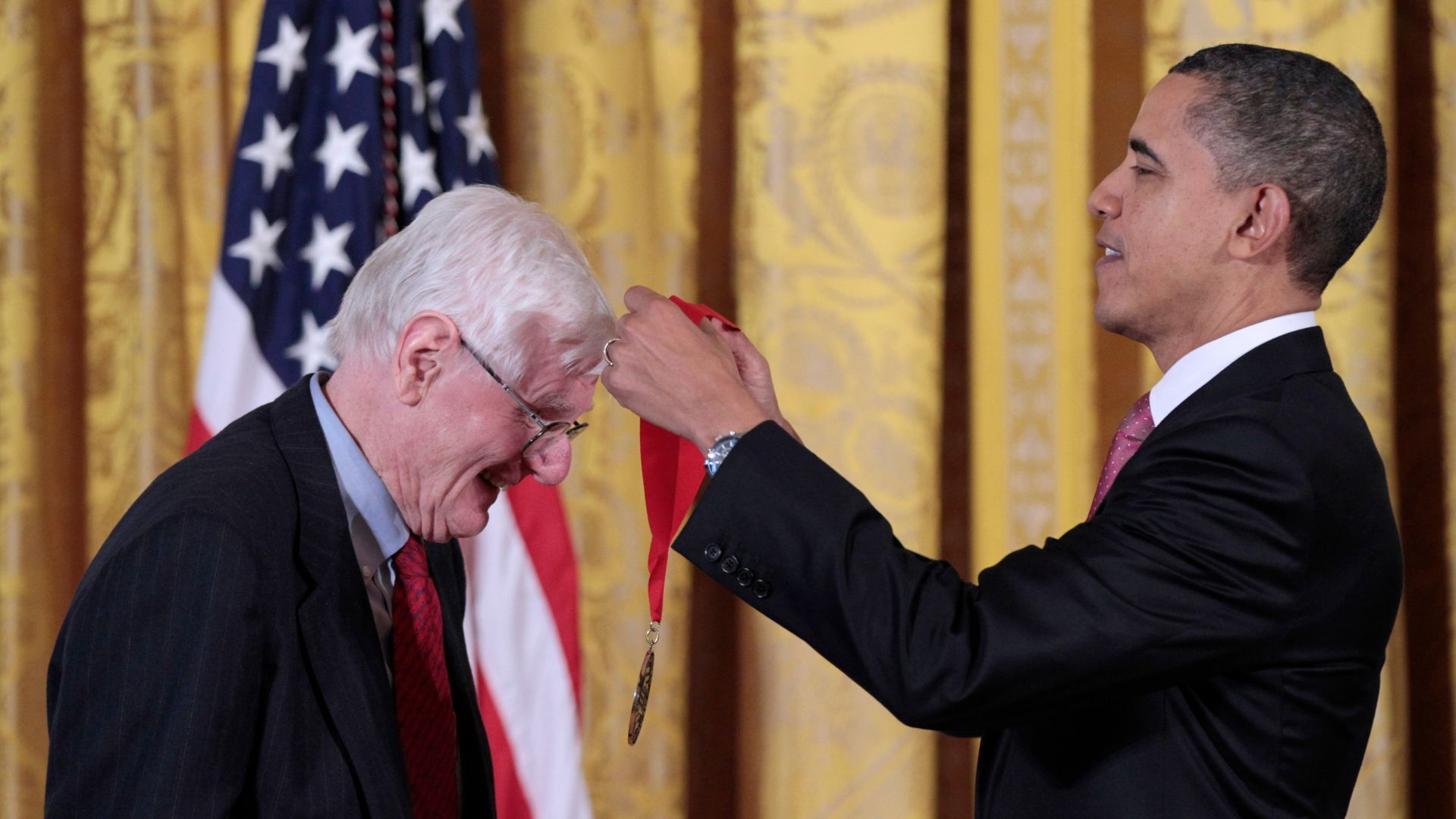 FILE - President Barack Obama presents a National Humanities Medal to author, historian and Brown University professor emeritus, Gordon Wood, during a ceremony on March 2, 2011.