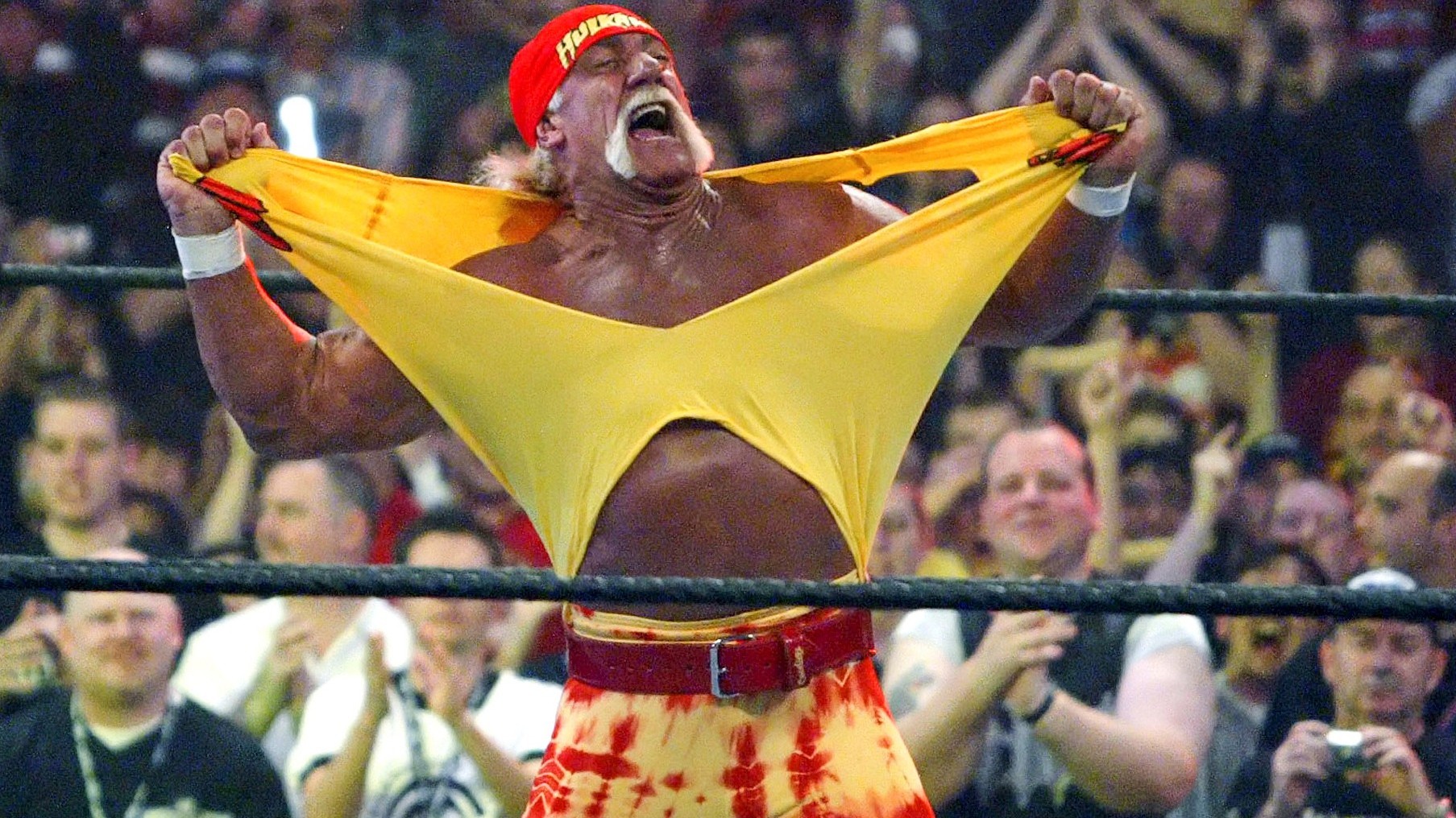 Famed wrestler Hulk Hogan fires up the crowd between matches during WrestleMania 21 in Los Angeles, April 3, 2005. (AP Photo/Chris Carlson, File)