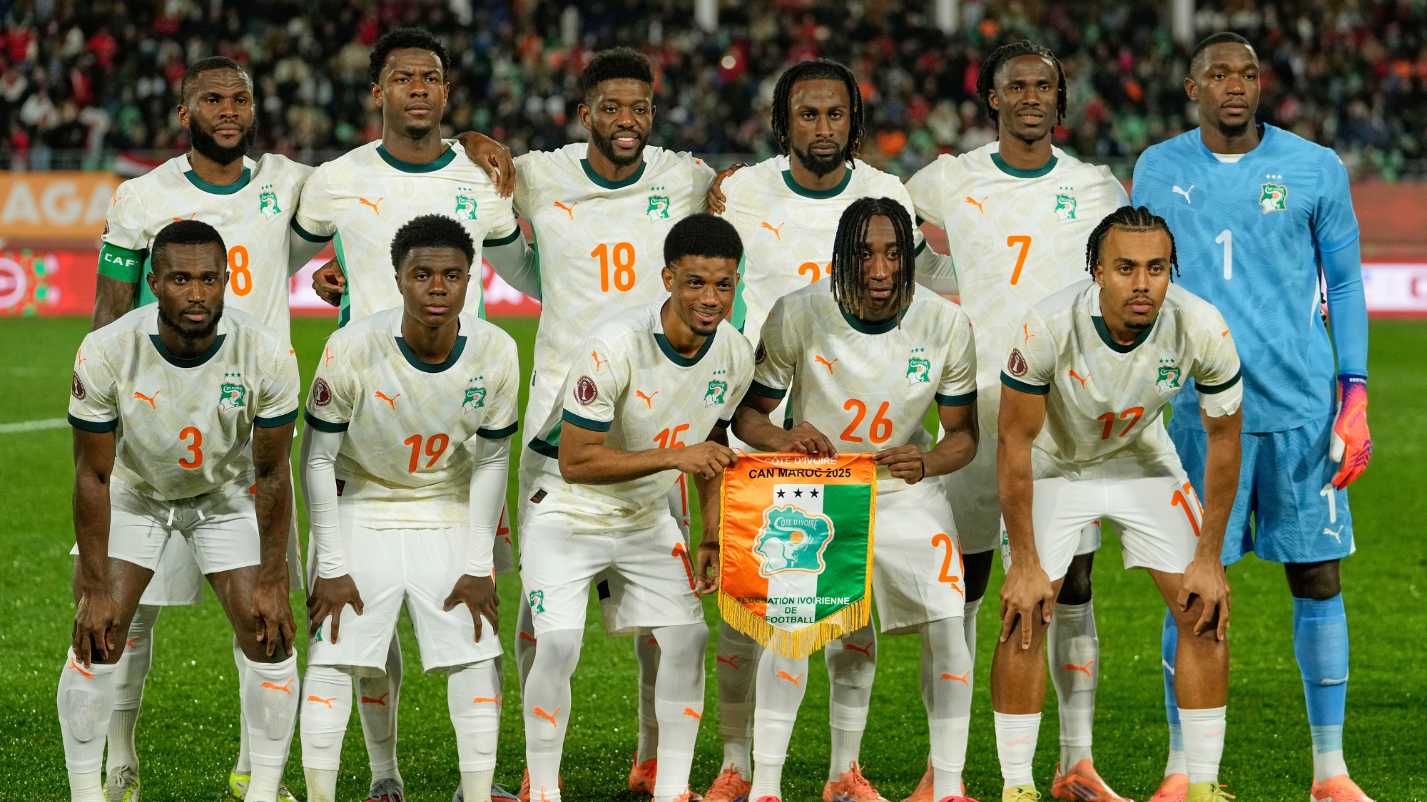 FILE - Ivory Coast players pose for a team photo ahead of the Africa Cup of Nations quarterfinal soccer match between Egypt and Ivory Coast, in Agadir, Morocco, Jan. 10, 2026.