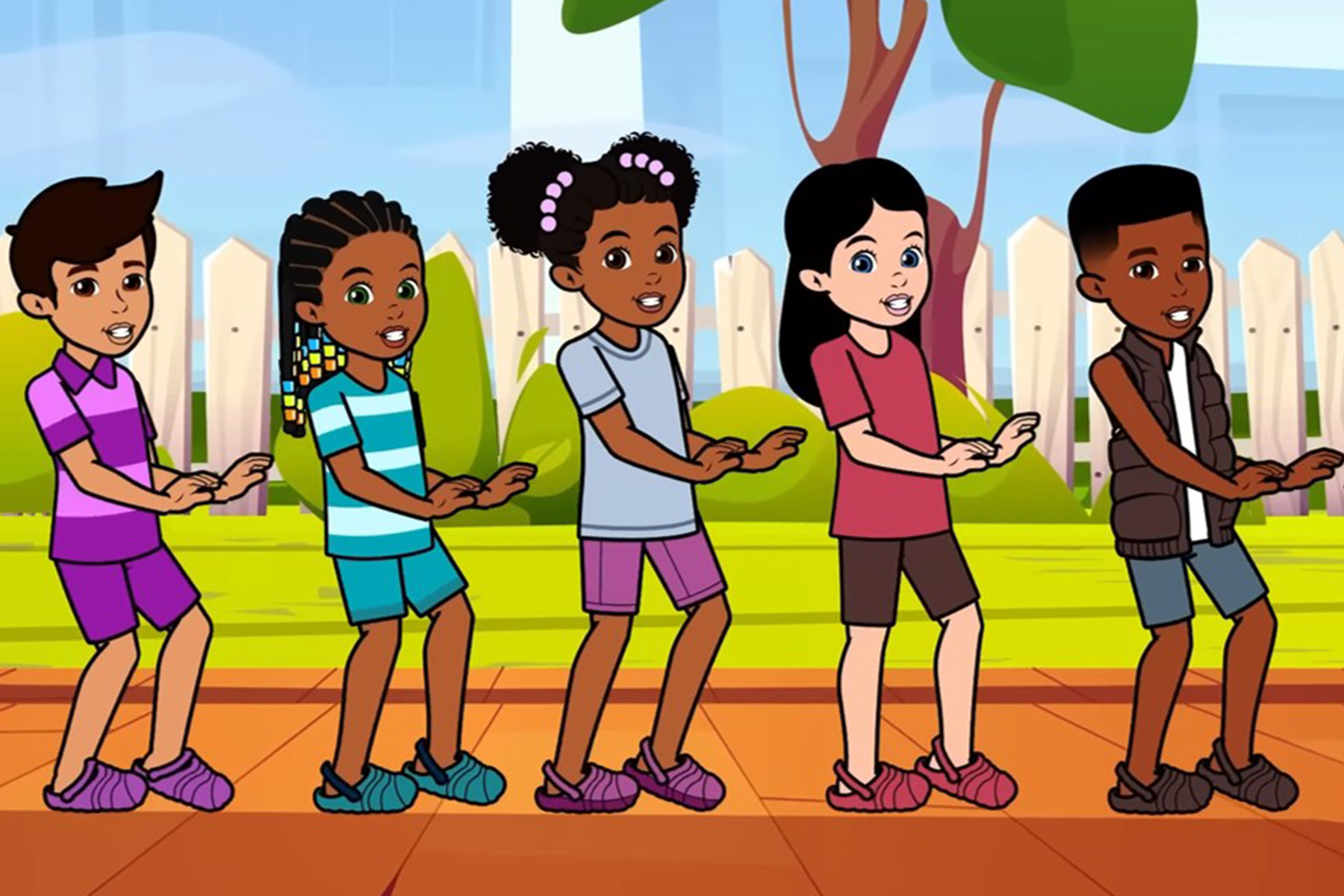 Gracie and her friends dancing in the children's web series "Gracie's Corner"