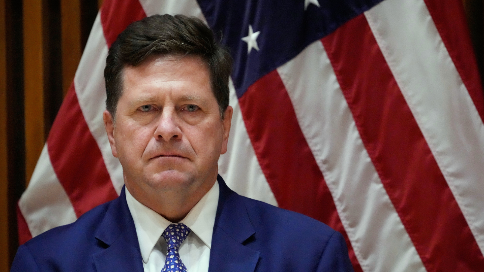 Jay Clayton, U.S. Attorney for the Southern District of New York, listens during a news conference in New York, Monday, March 9, 2026. 