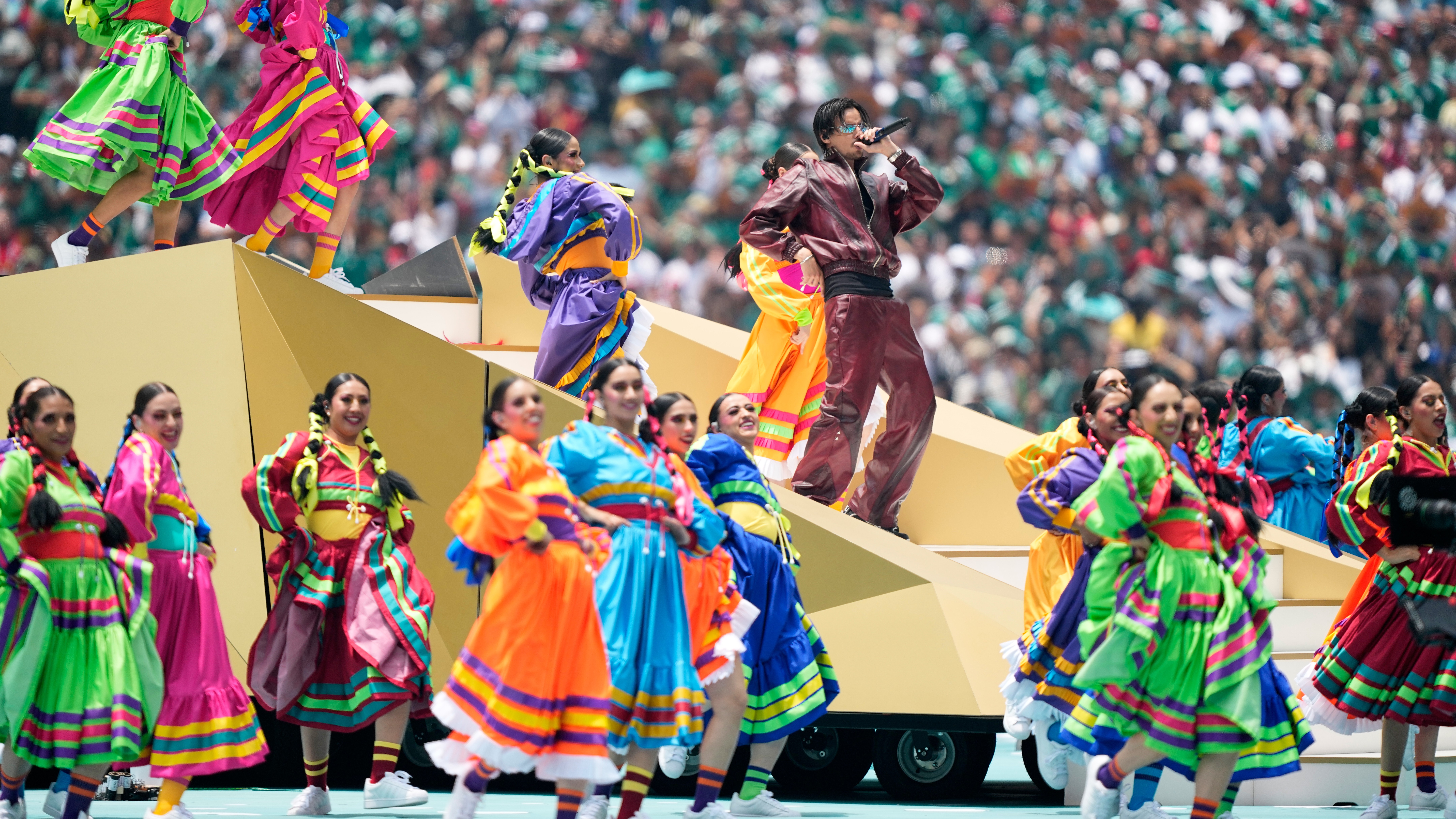 Colombian singer J Balvin performs before the start of the World Cup Group A soccer match between Mexico and South Africa in Mexico City, Thursday, June 11, 2026.