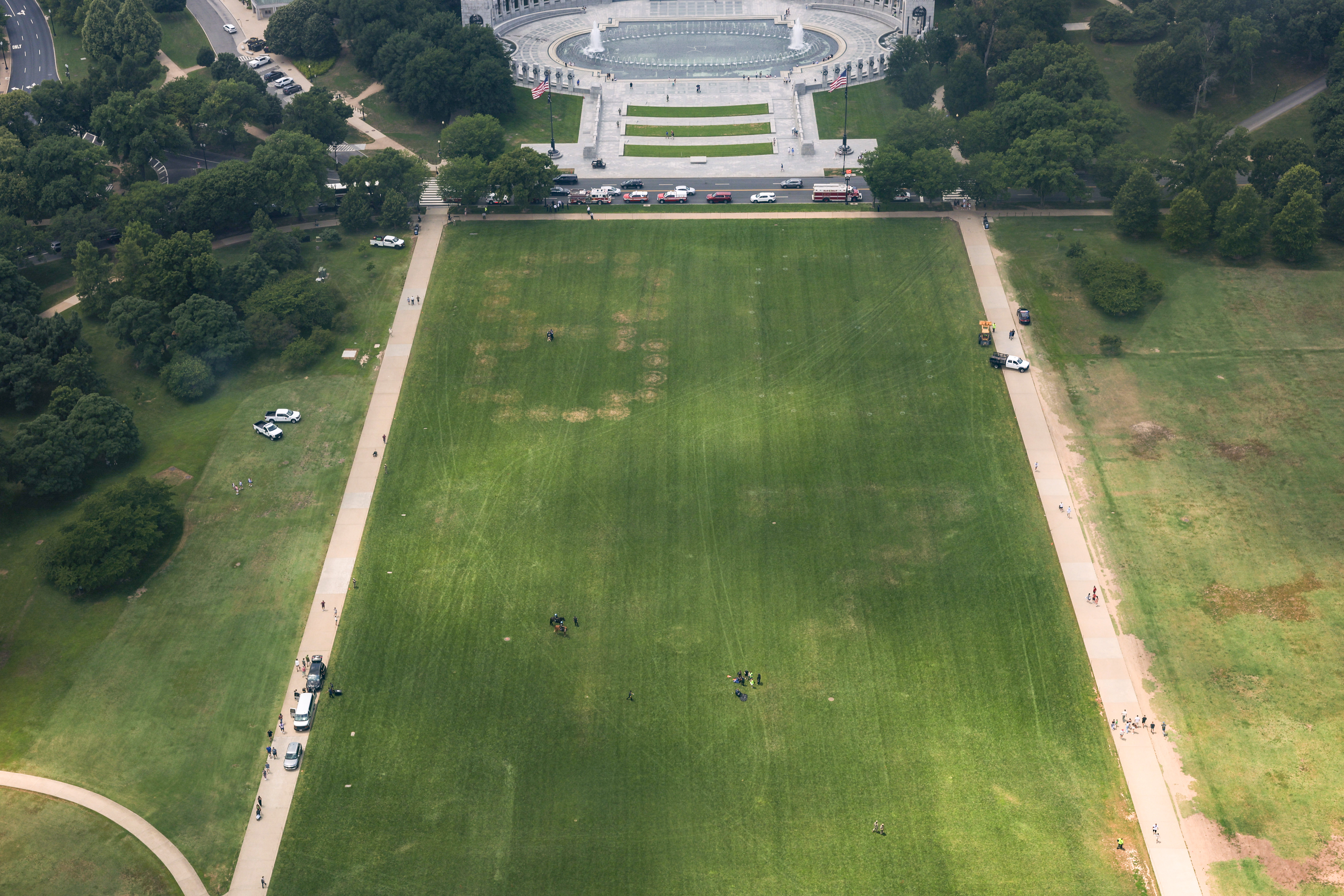The numbers "8647" are shown in the grass on the National Mall on June 11, 2026 in Washington, DC. U.S. Park Police is handling the investigation into the markings in the grass. 
