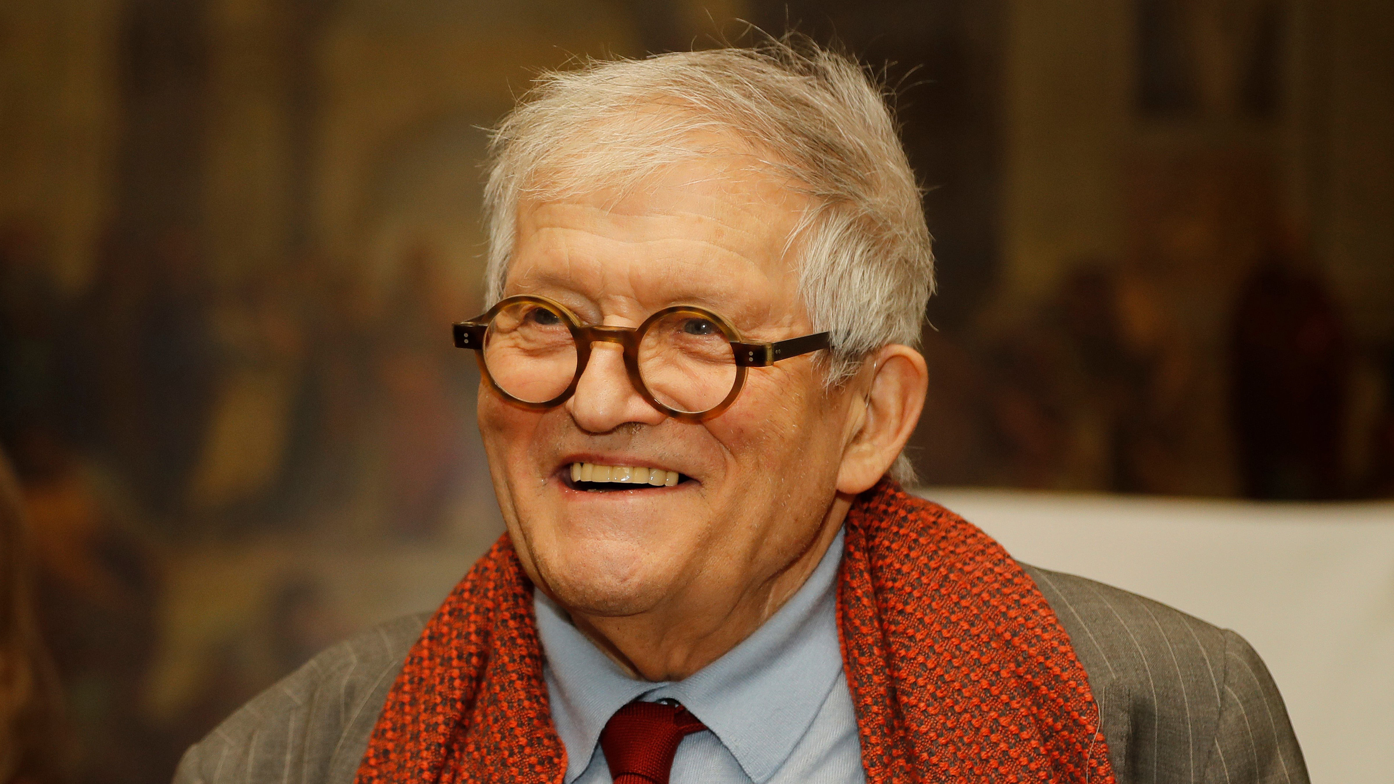 Artist David Hockney after unveiling the bottle design for the 2014 vintage wine of Château Mouton Rothschild in London, Friday, Feb. 3, 2017.