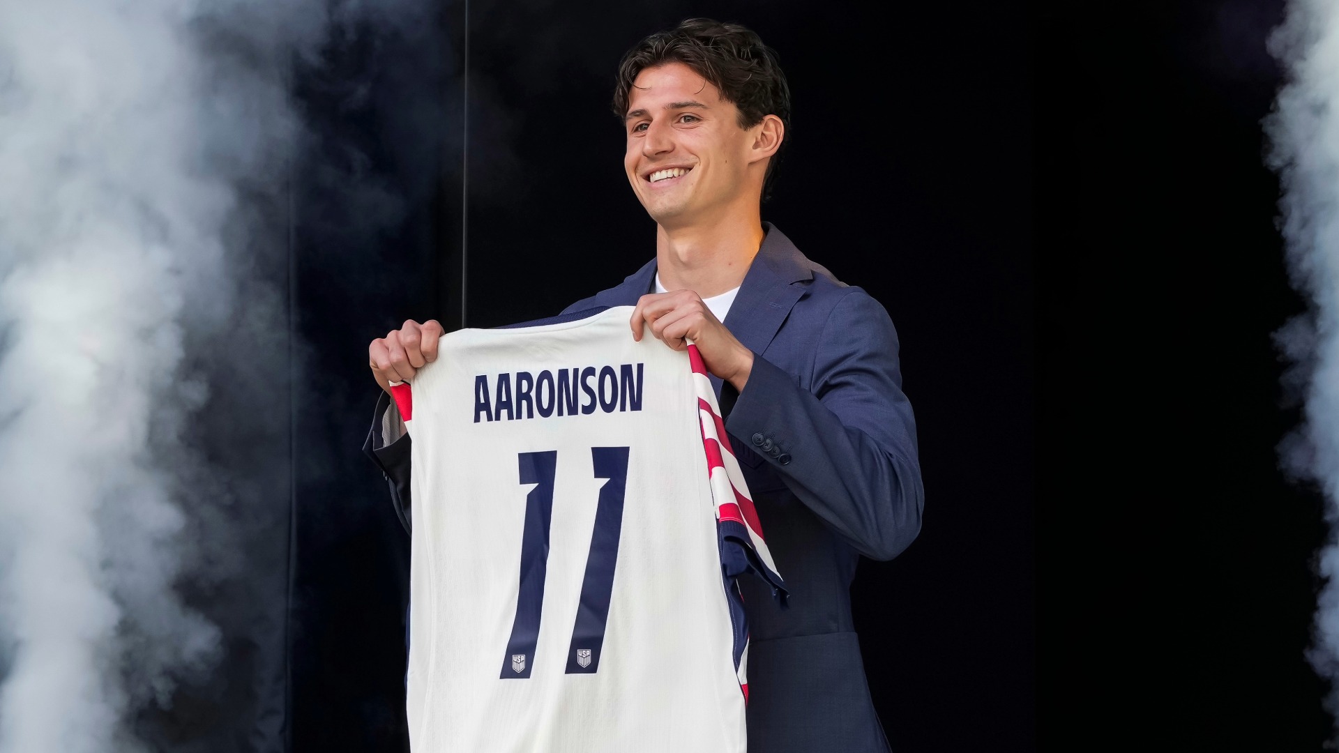 Midfielder Brenden Aaronson of the United States men's national soccer team is presented during the announcement of the team roster on May 26, 2026.