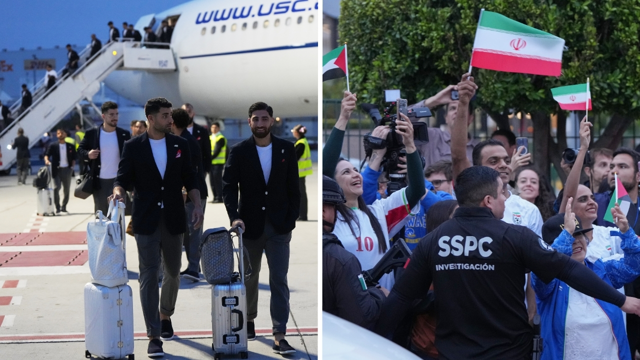 Iran's Alireza Jahanbakhsh arrives with his teammates for the World Cup soccer tournament in Tijuana, Mexico (left image) while fans wave (right image). Sunday, June 7, 2026