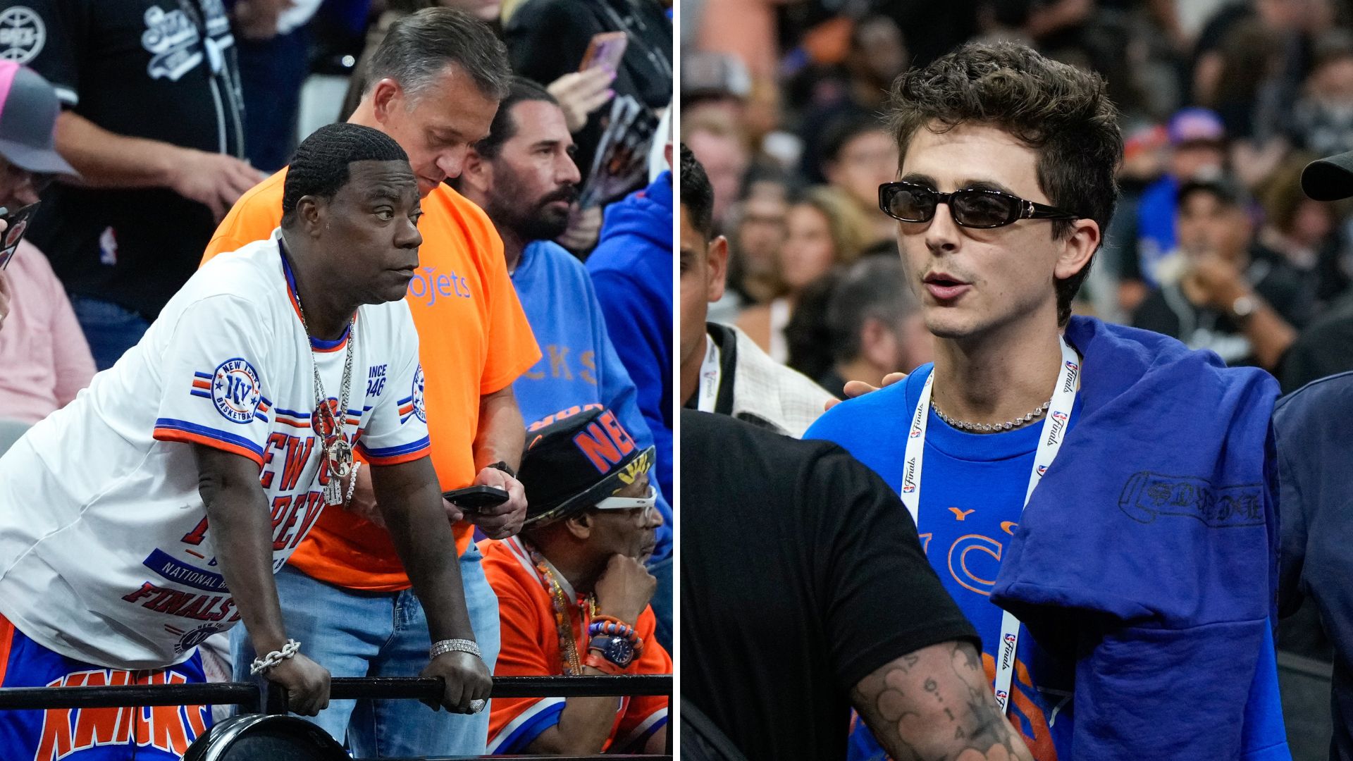 Actors Tracy Morgan and Timothée Chalamet ahead of Game 5 between the Knicks and Spurs. (AP Photo/Ross D. Franklin)