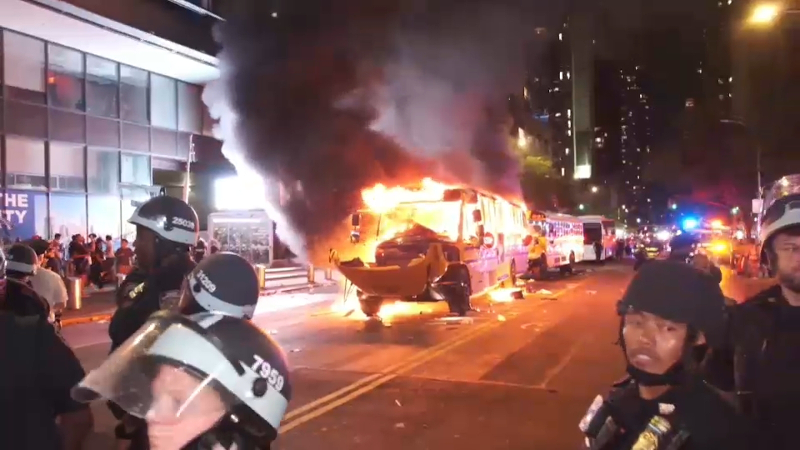School buses set on fire, teen shot, dozens of arrests as Knicks celebrations erupt into chaos