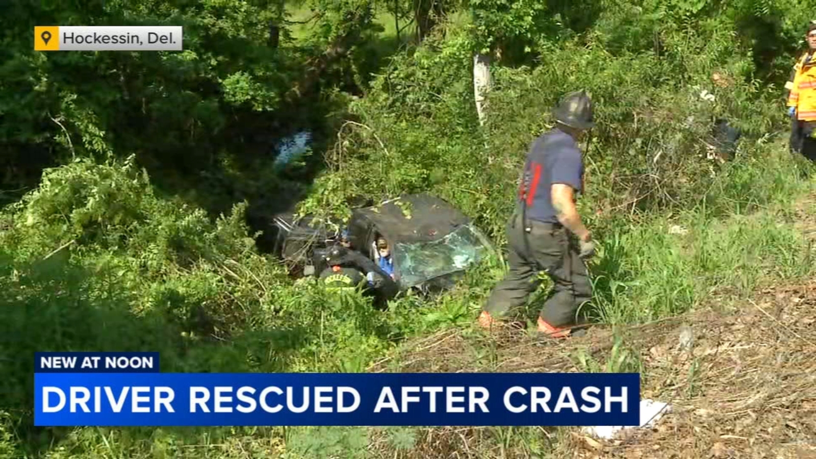 Driver rescued after truck crashes down embankment in Hockessin, Delaware