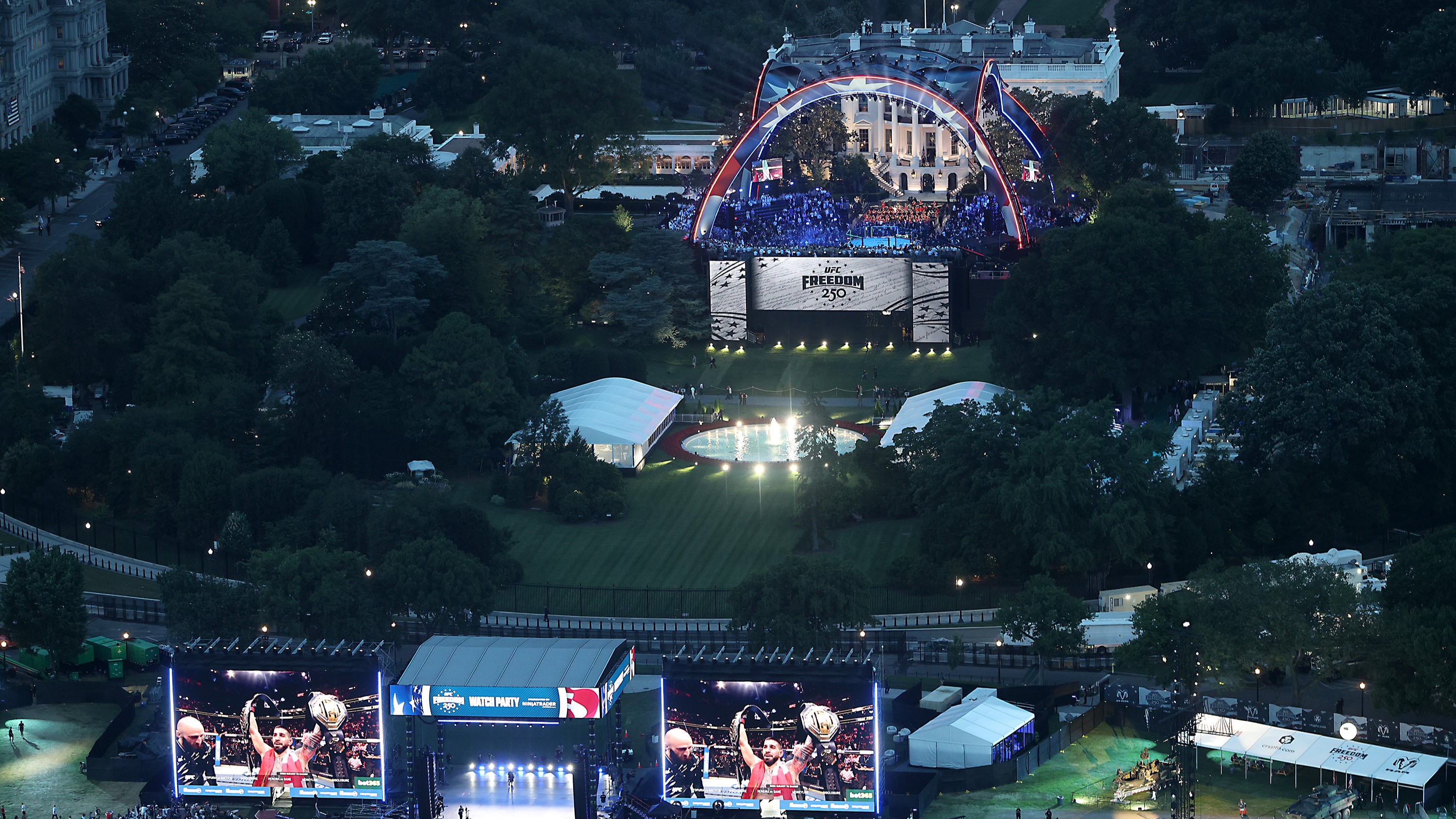 The UFC Freedom 250 fight on the South Lawn of the White House and Fan Fest on The Ellipse are seen from the top of the Washington Monument on Sunday, June 14, 2026, in Washington.