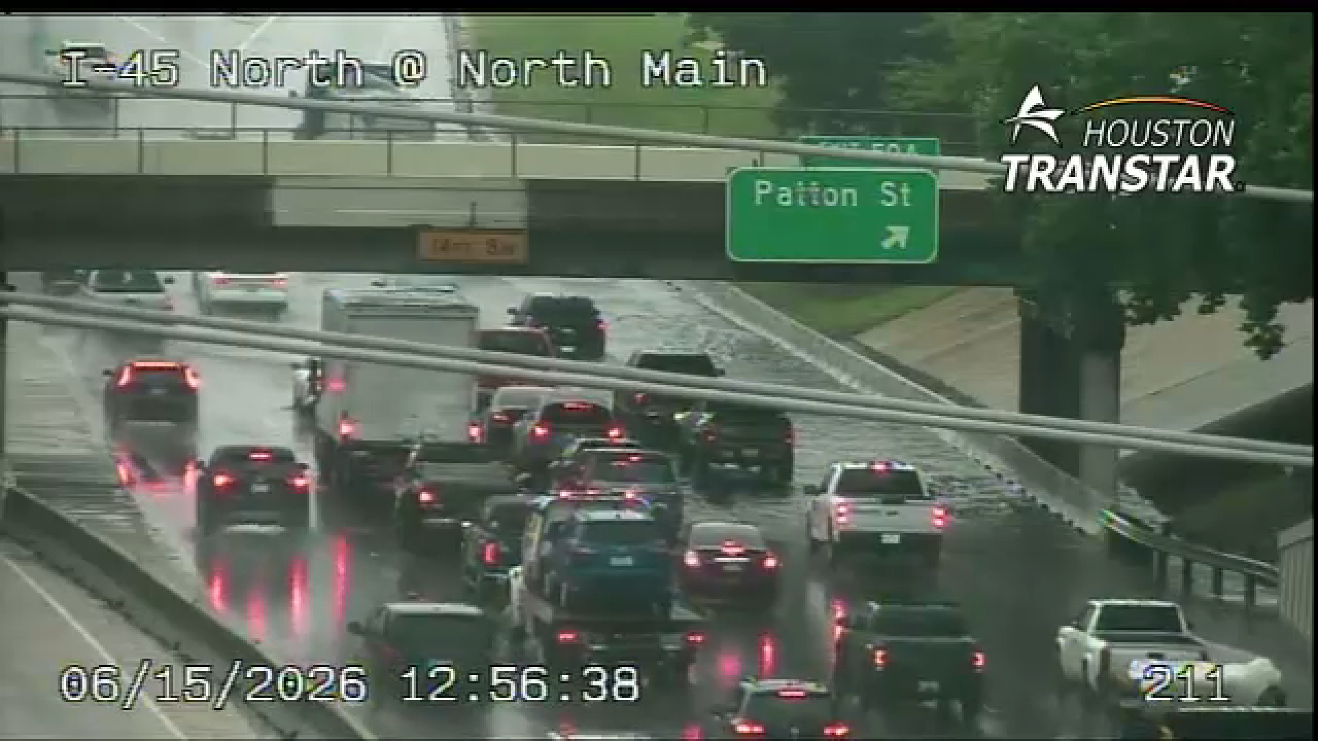 High water was seen along I-45 North near the North Main and Patton exits on Monday, June 15, 2026. (Houston TranStar)