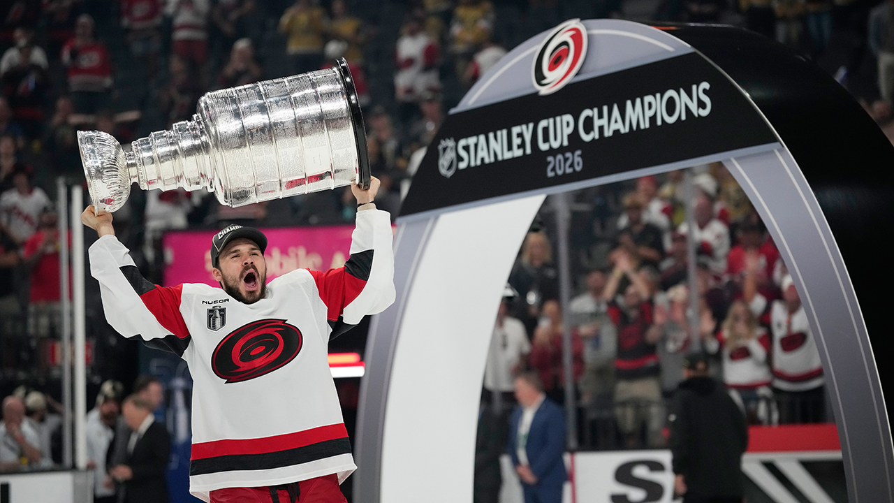 Logan Stankoven celebrates the Stanley Cup victory on Sunday in Las Vegas.
