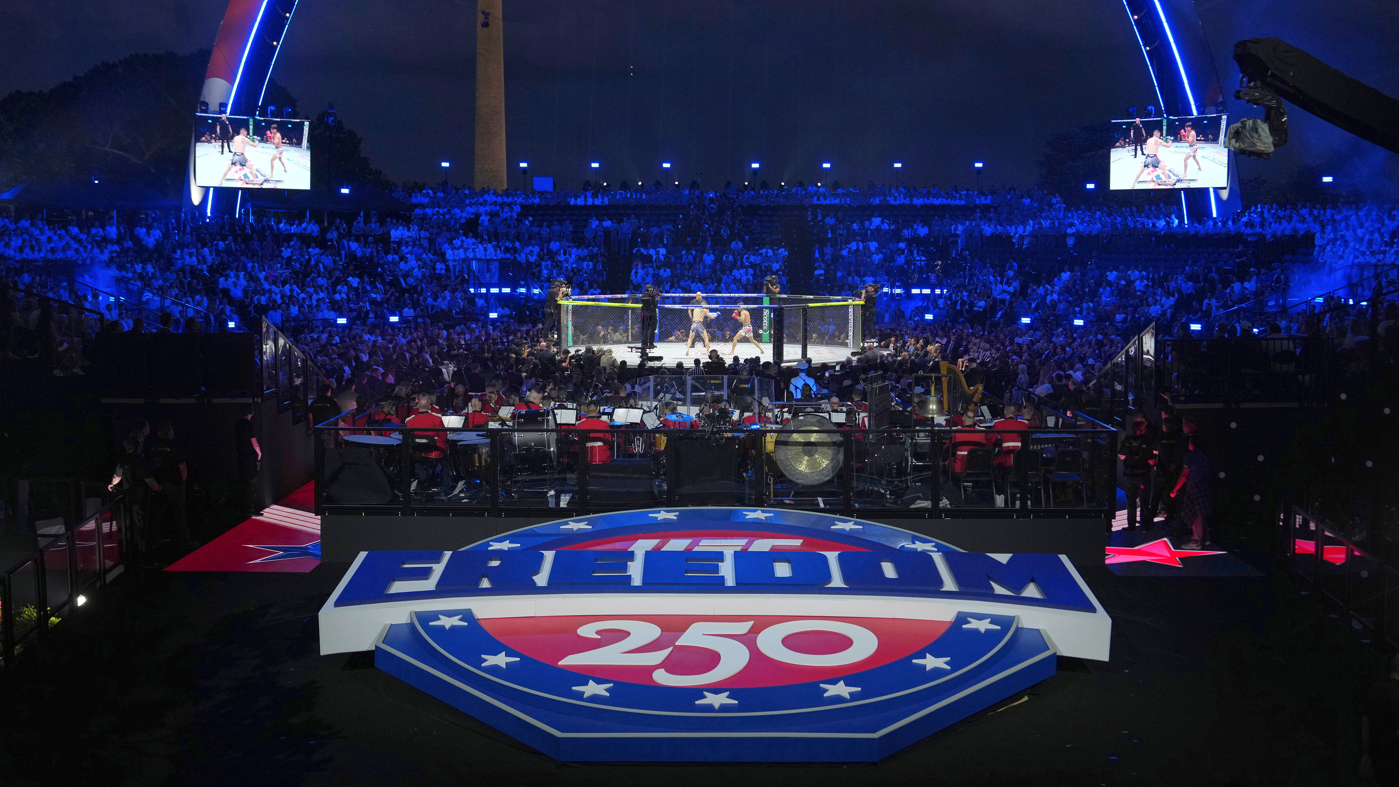 Featherweight fighters Diego Lopez and Steve Garcia in the ring during the first fight at UFC Freedom 250 on the South Lawn of the White House, Sunday, June 14, 2026, in Washington. 