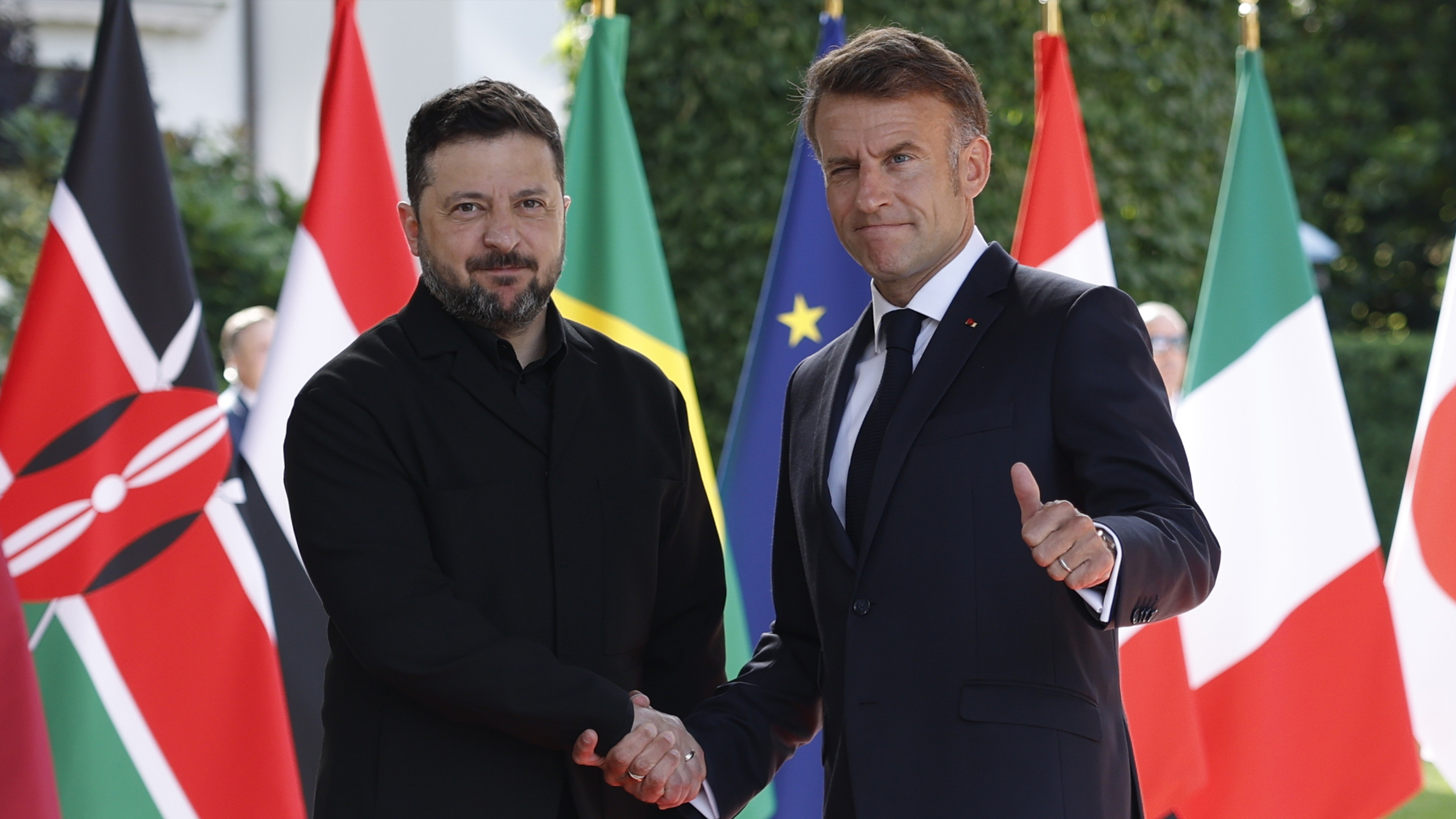 French President Emmanuel Macron, right, welcomes Ukrainian President Volodymyr Zelenskyy at the Hotel Royal for the G7 Summit in Evian-les-Bains, France, Tuesday, June 16, 2026. 