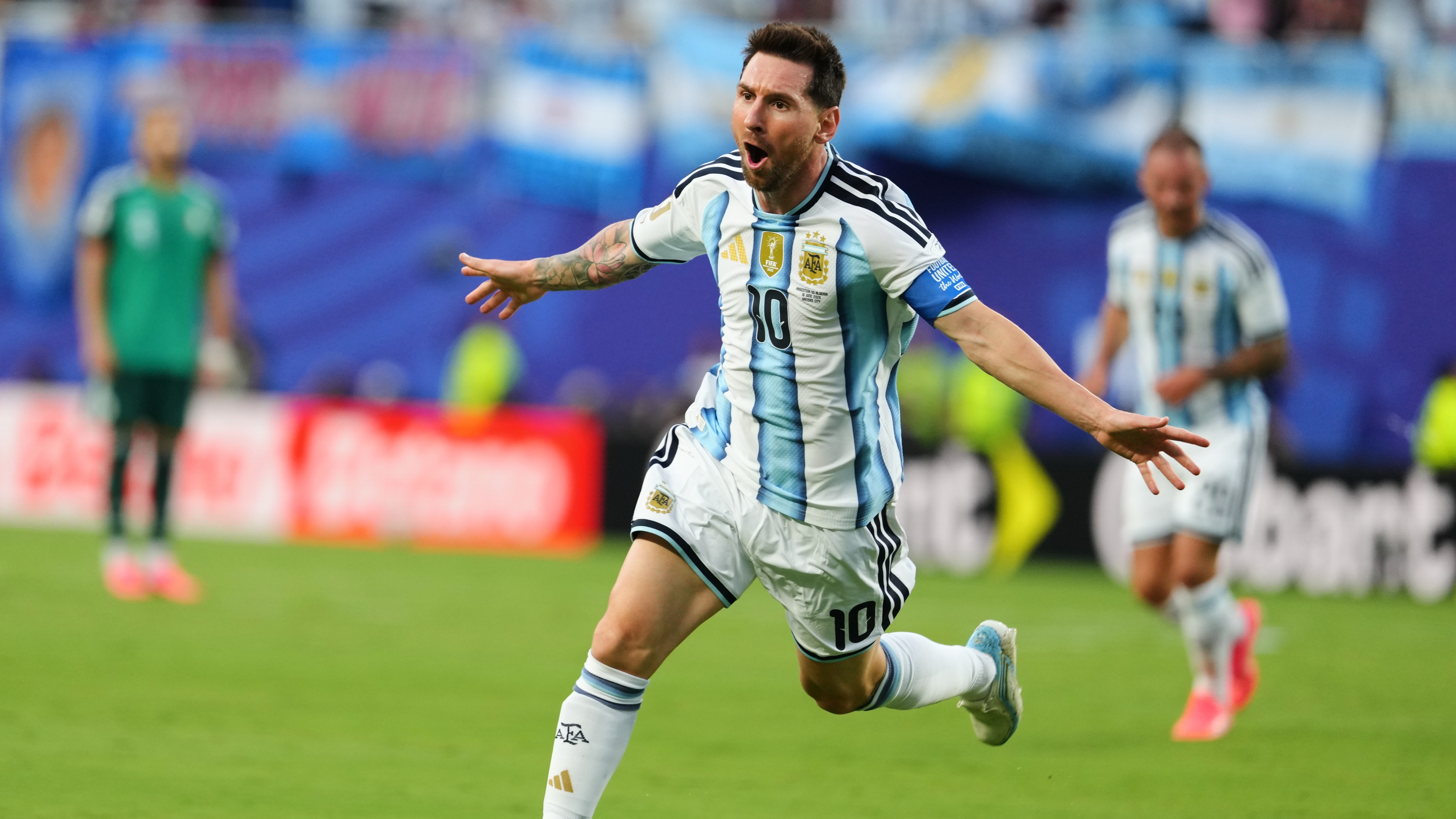 Argentina's Lionel Messi celebrates after scoring the opening goal during the World Cup Group J soccer match between Argentina and Algeria in Kansas City, Mo., June 16, 2026.