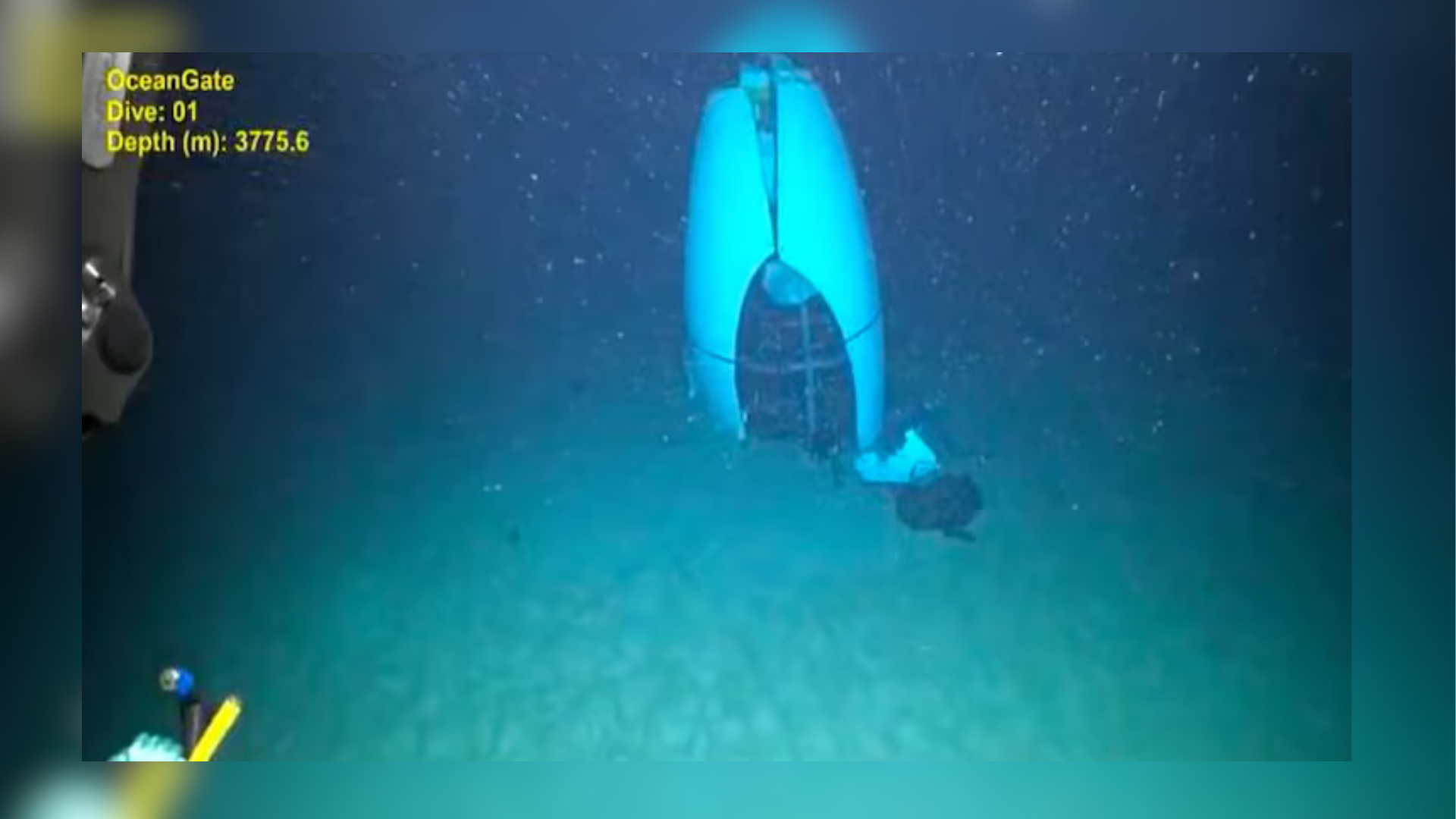 Remotely operated vehicle image of the Titan submersible tail cone on the bottom of the Atlantic Ocean presented by the U.S. Coast Guard during a marine board formal hearing, Sept. 16, 2024, in North Charleston, S.C.