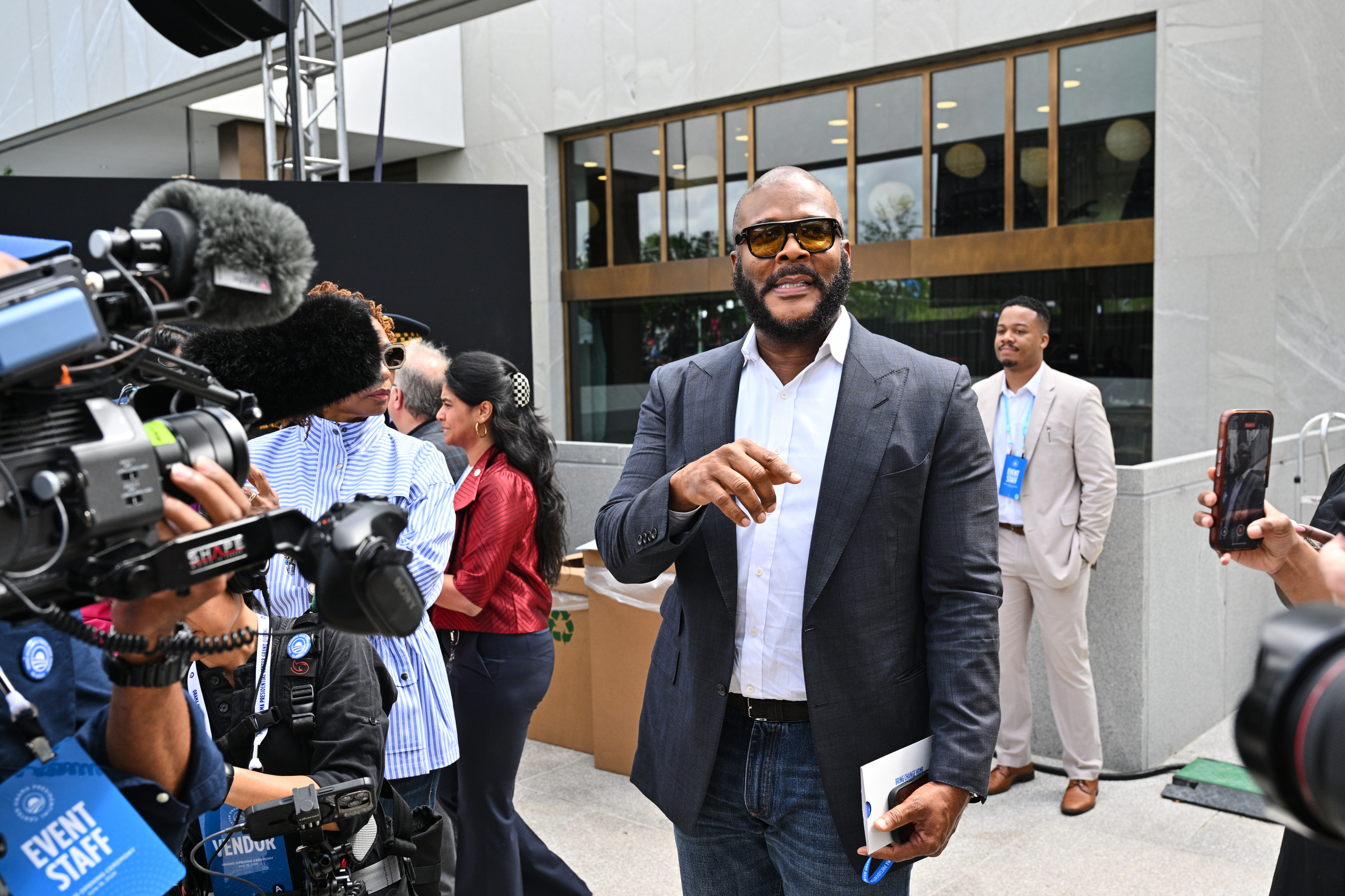 Tyler Perry speaks to media ahead of the Obama Presidential Center dedication ceremony Thursday, June 18, 2026, in Chicago.