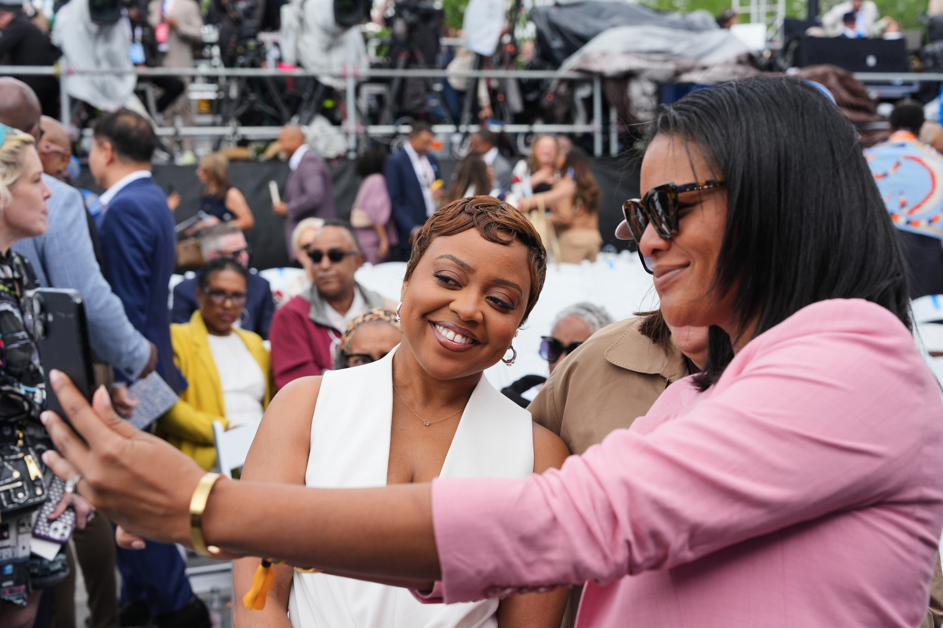 Actress Quinta Brunson mingles ahead of the Obama Presidential Center dedication ceremony Thursday, June 18, 2026, in Chicago.
