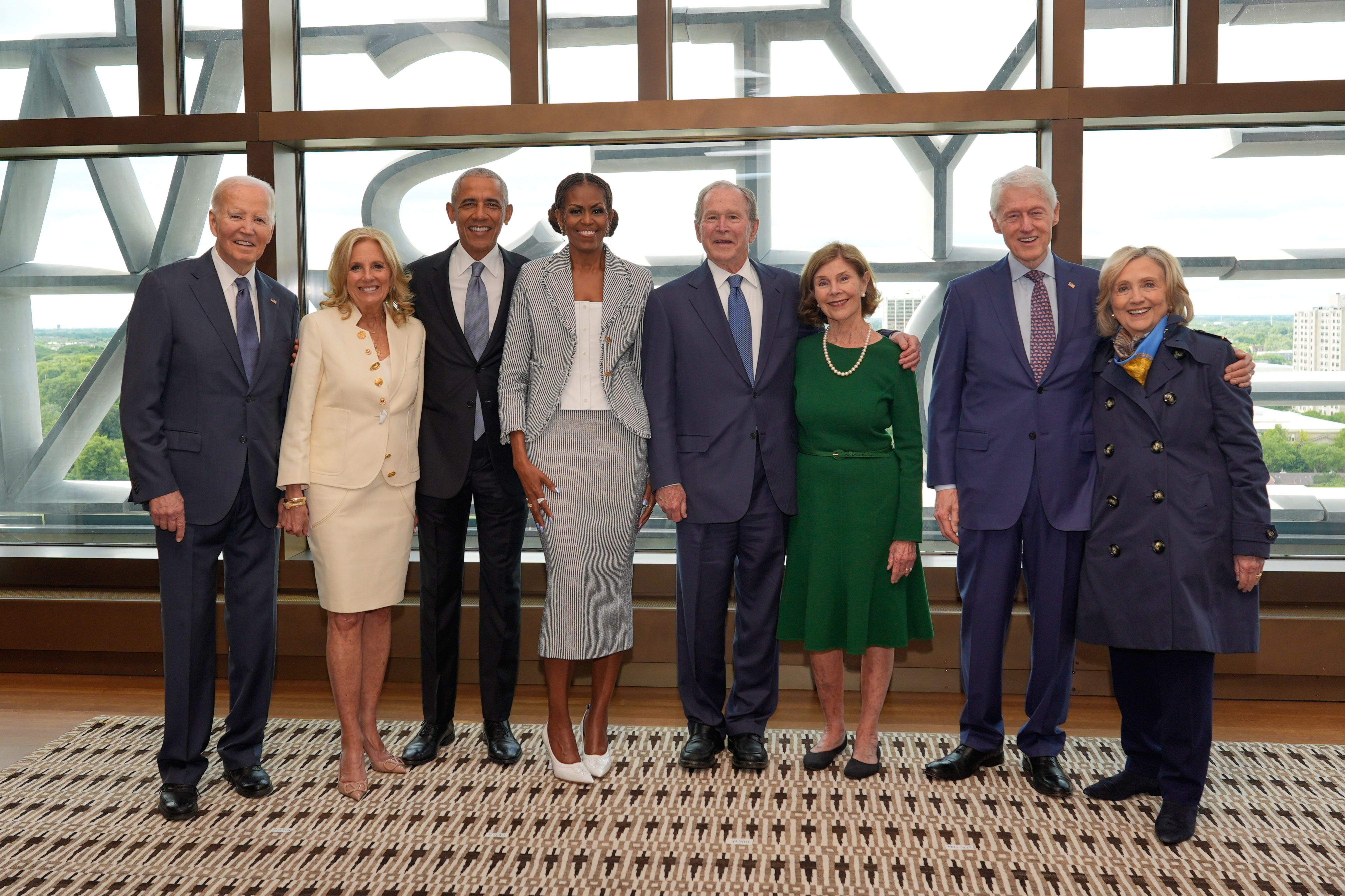 Joe and Jill Biden, Barack and Michelle Obama, George W. and Laura Bush, and Bill and Hillary Clinton, pose for a photo ahead of the dedication ceremony.