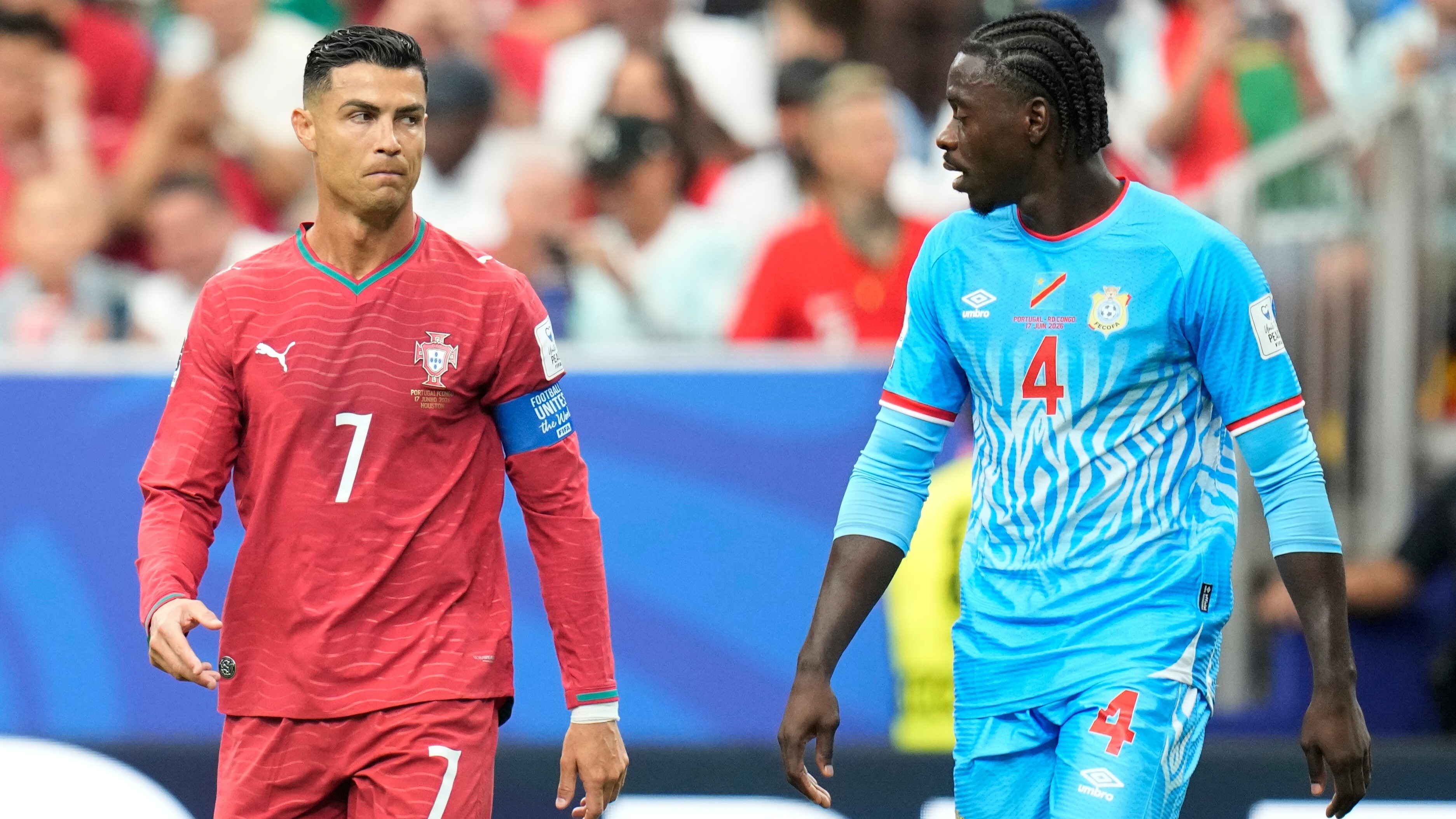 Cristiano Ronaldo, de Portugal, se lamenta durante el partido ante Congo en Houston, el miércoles 17 de junio de 2026 (AP Foto/Ashley Landis)