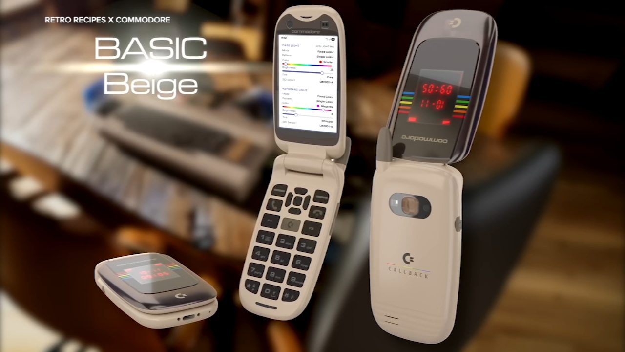 The new Commodore Callback flip phone is pictured in its "Basic Beige" color set.