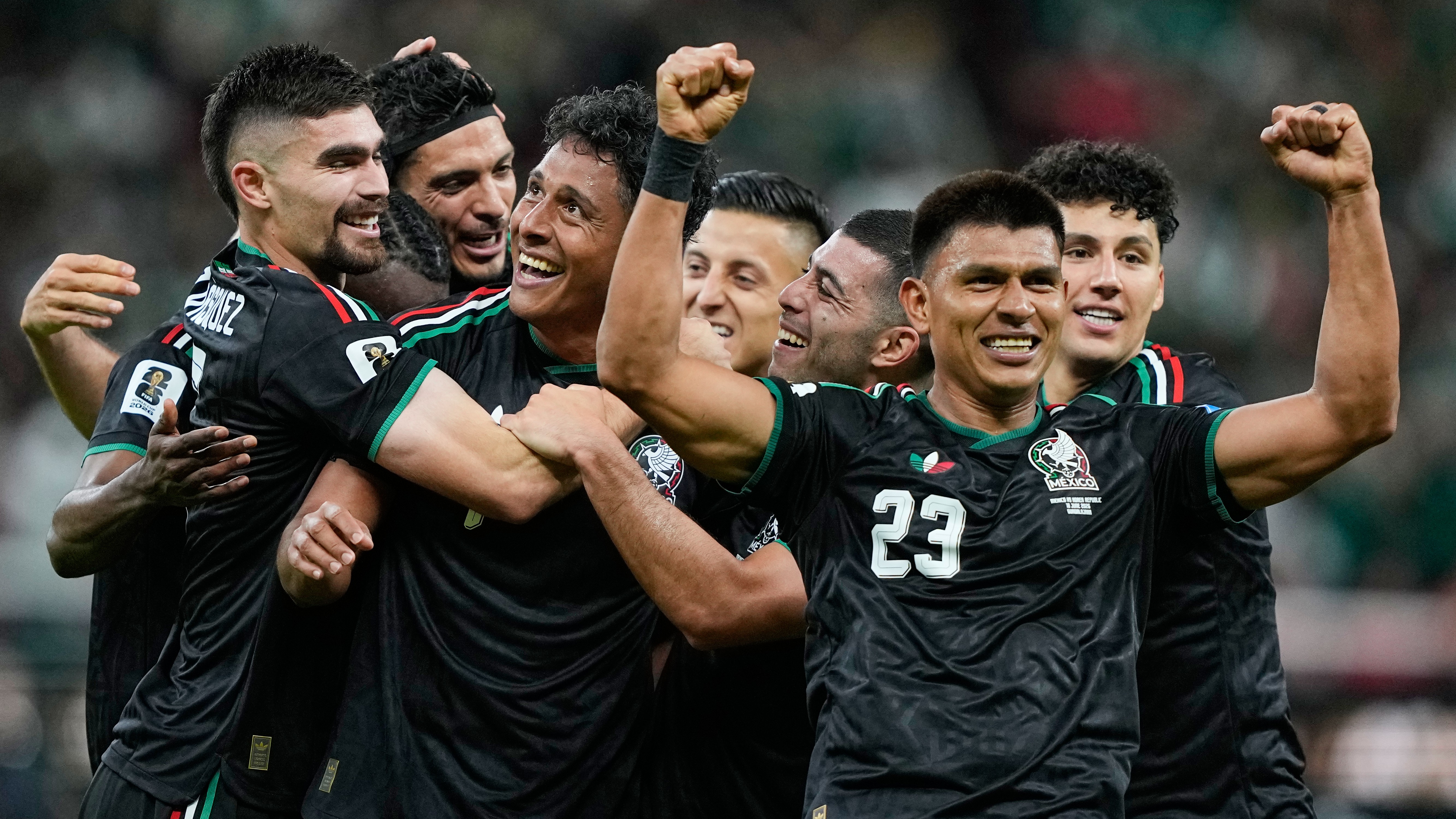 Mexico's Luis Romo, third left, celebrates with his teammates after scoring his team's first goal during the World Cup Group A soccer match against South Korea, June 18, 2026.
