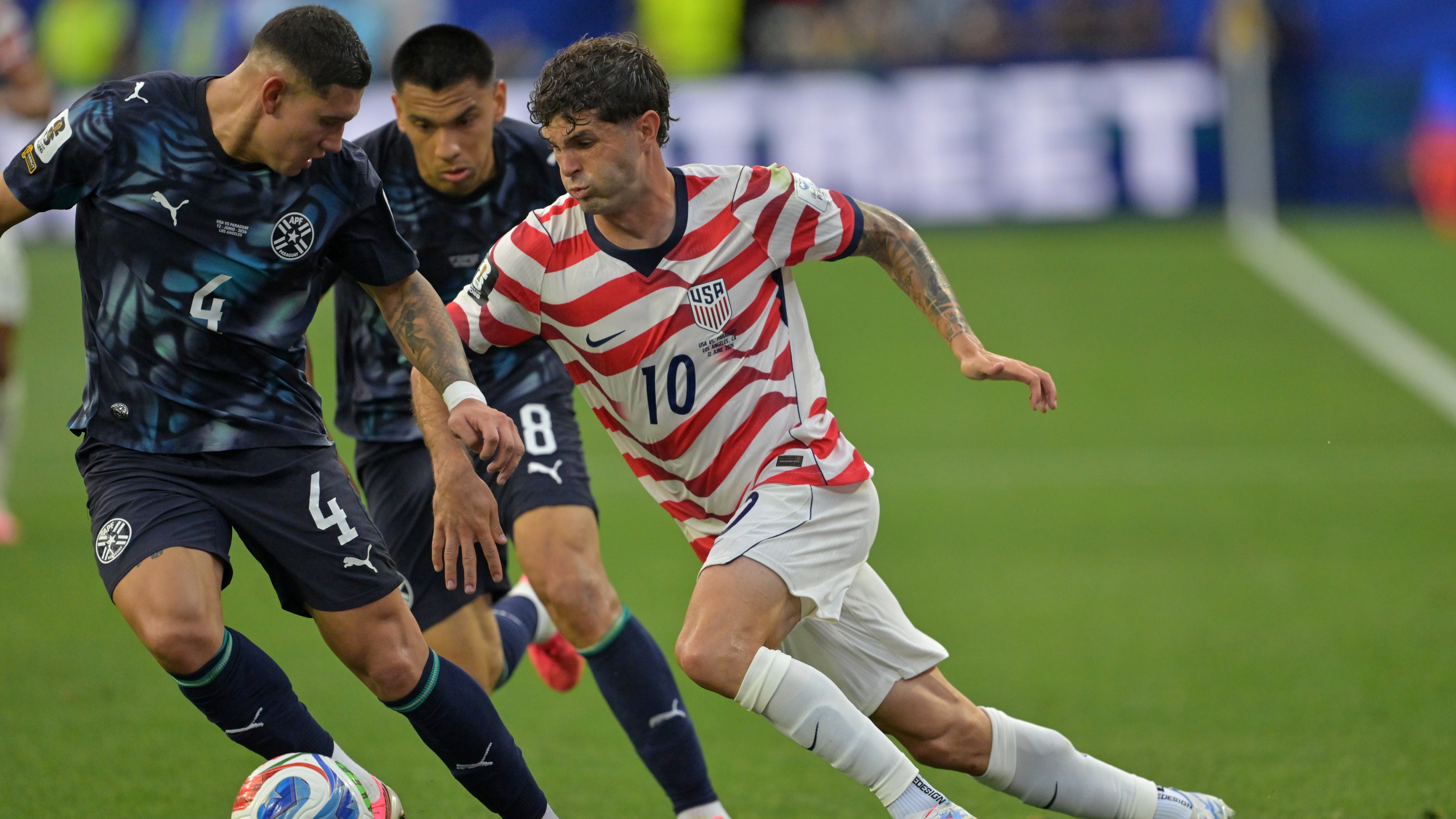 U.S.' Christian Pulisic (10) runs with the ball during the World Cup soccer match between the United States and Paraguay in Inglewood, Calif., on Friday, June 12, 2026.