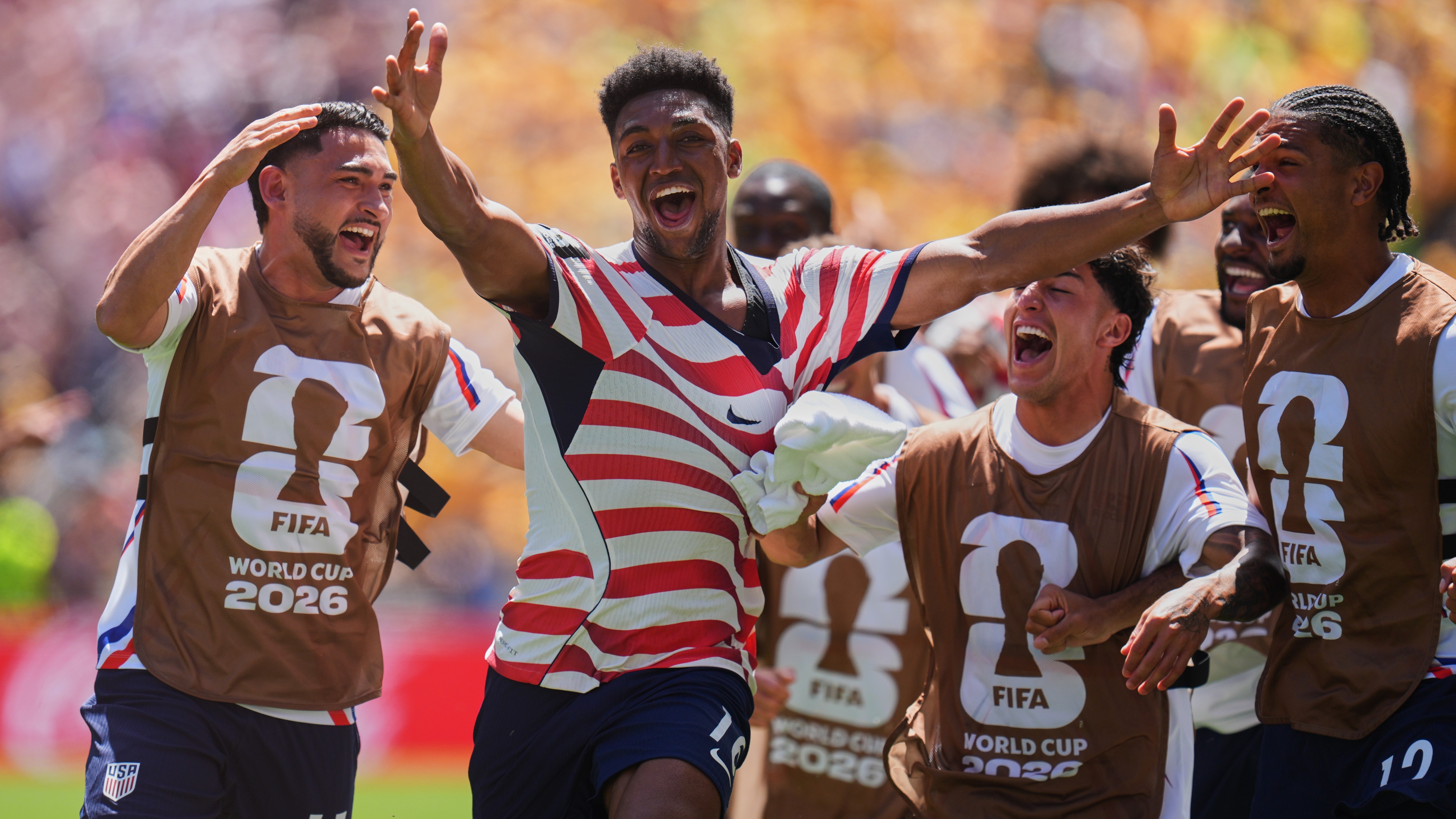 United States' Alex Freeman (16) celebrates after scoring his side's second goal during the World Cup Group D soccer match in Seattle, Friday, June 19, 2026.