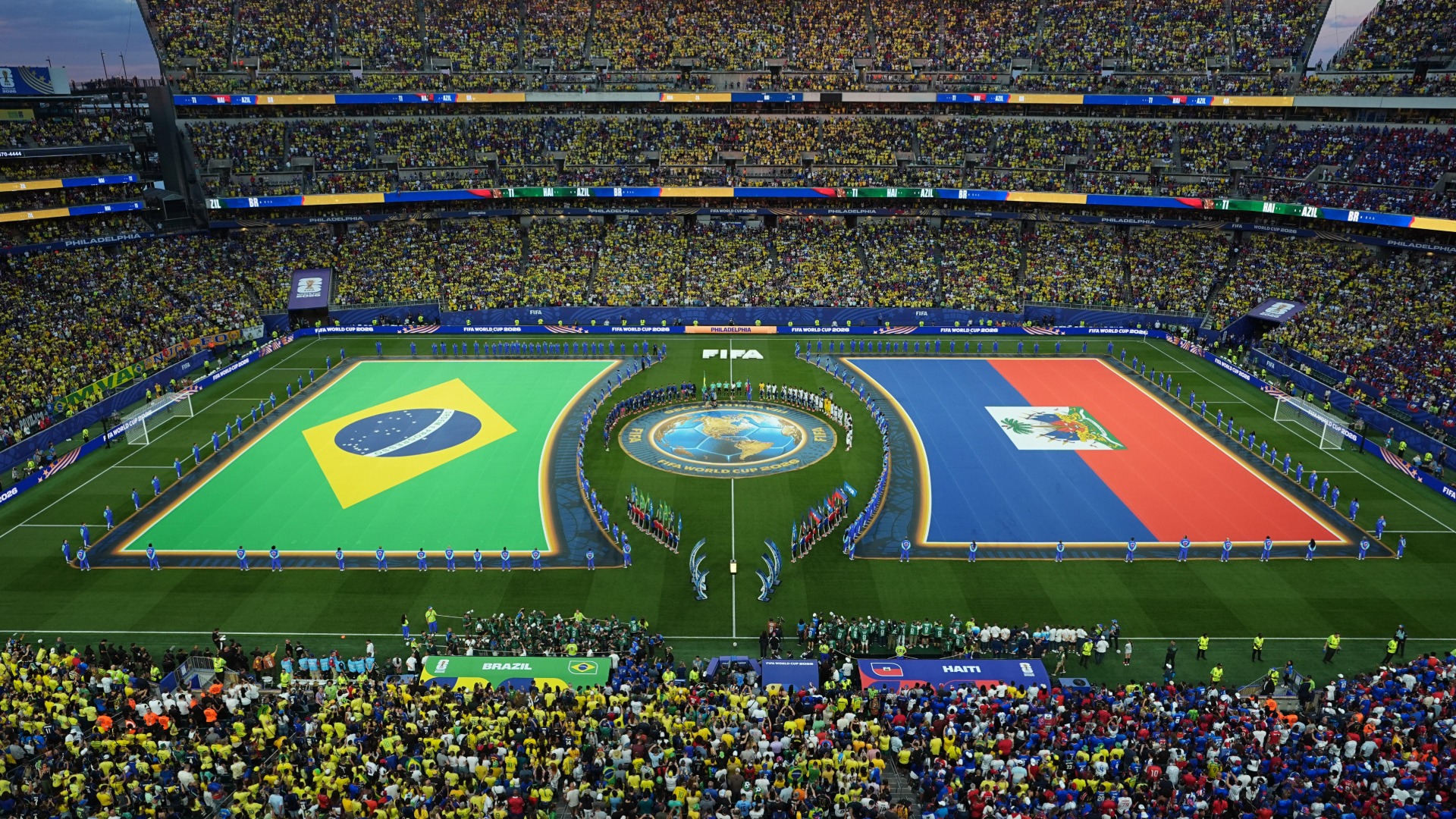 General view during the pregame ceremony before the World Cup Group C soccer match between Brazil and Haiti in Philadelphia, Friday, June 19, 2026.