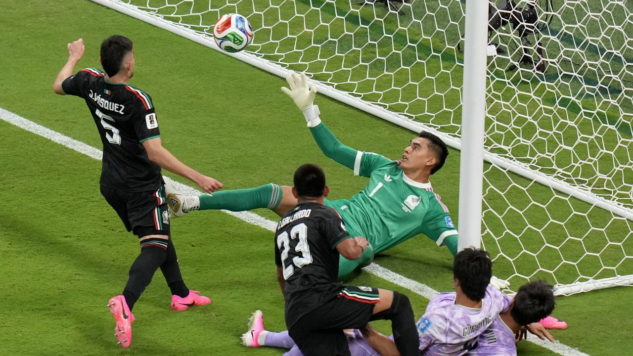 Mexico goalkeeper Raul Rangel reaches to stop the ball during the World Cup Group A soccer match between Mexico and South Korea in Zapopan, near Guadalajara, Mexico.