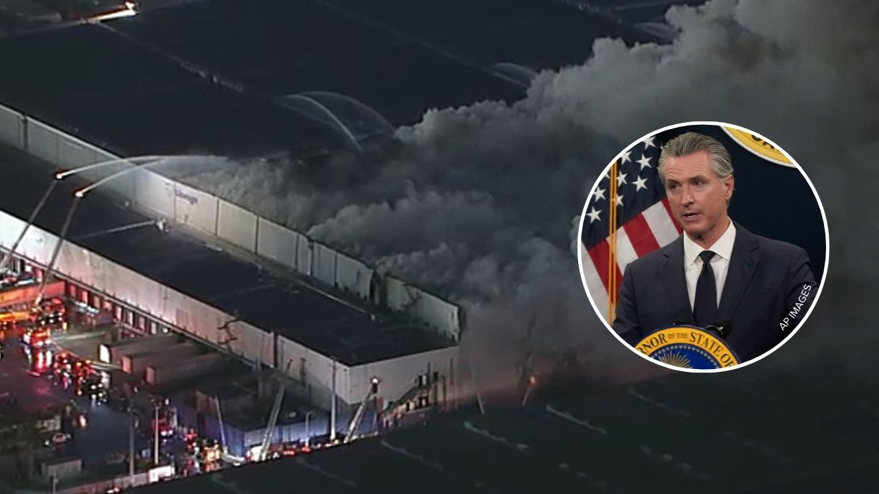AIR7 image shows ongoing firefight at Boyle Heights warehouse fire, June 20, 2026. | California Gov. Newsom speaks about his state budget proposal, May 14, 2026, in Sacramento.