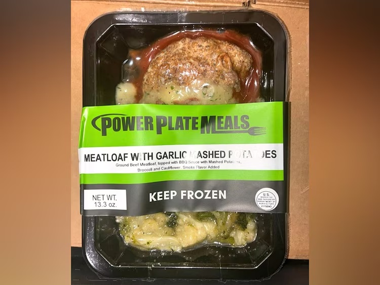 A Power Plate Meals frozen meatloaf product is shown.