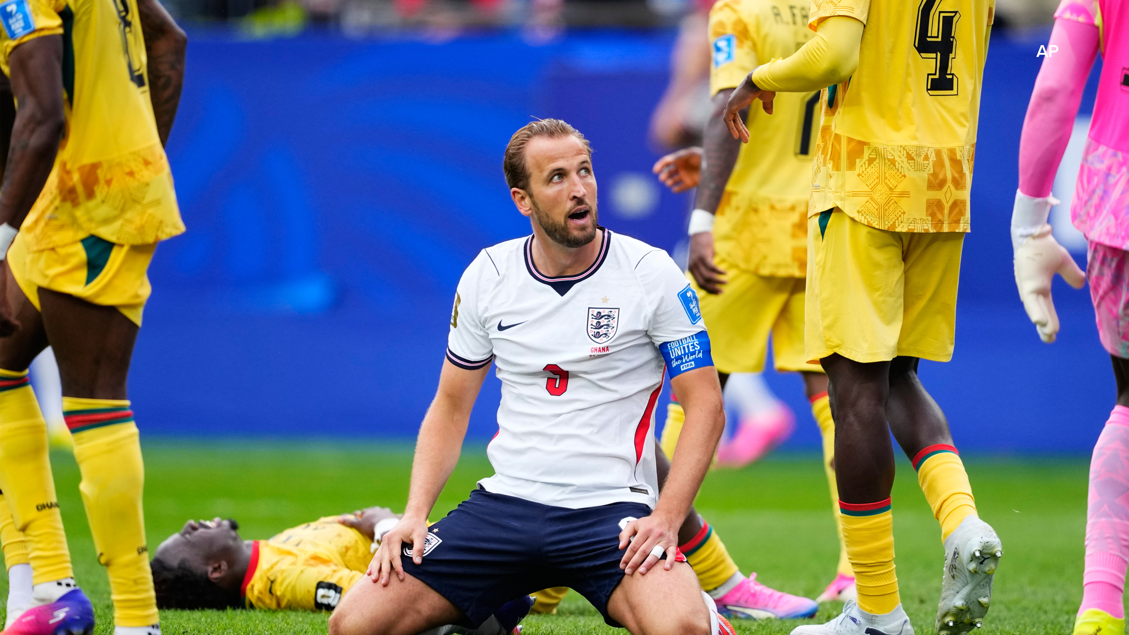 England's Harry Kane (9) reacts after missing a shot on goal during the World Cup Group L soccer match between England and Ghana. (AP Photo/Petr David Josek)