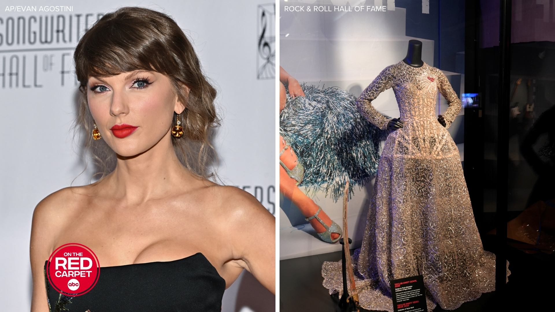 Taylor Swift and her beaded gown from "The Fate of Ophelia" music video on display at the Rock & Roll Hall of Fame.