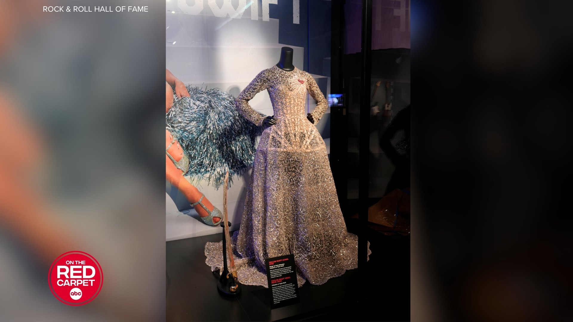 Taylor Swift's long-beaded gown from "The Fate of Ophelia" music video on display at the Rock & Roll Hall of Fame.