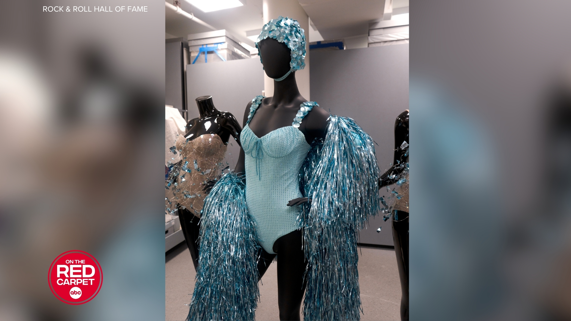 Another look at Taylor Swift's blue ensemble from "The Fate of Ophelia" music video on display at the Rock & Roll Hall of Fame.
