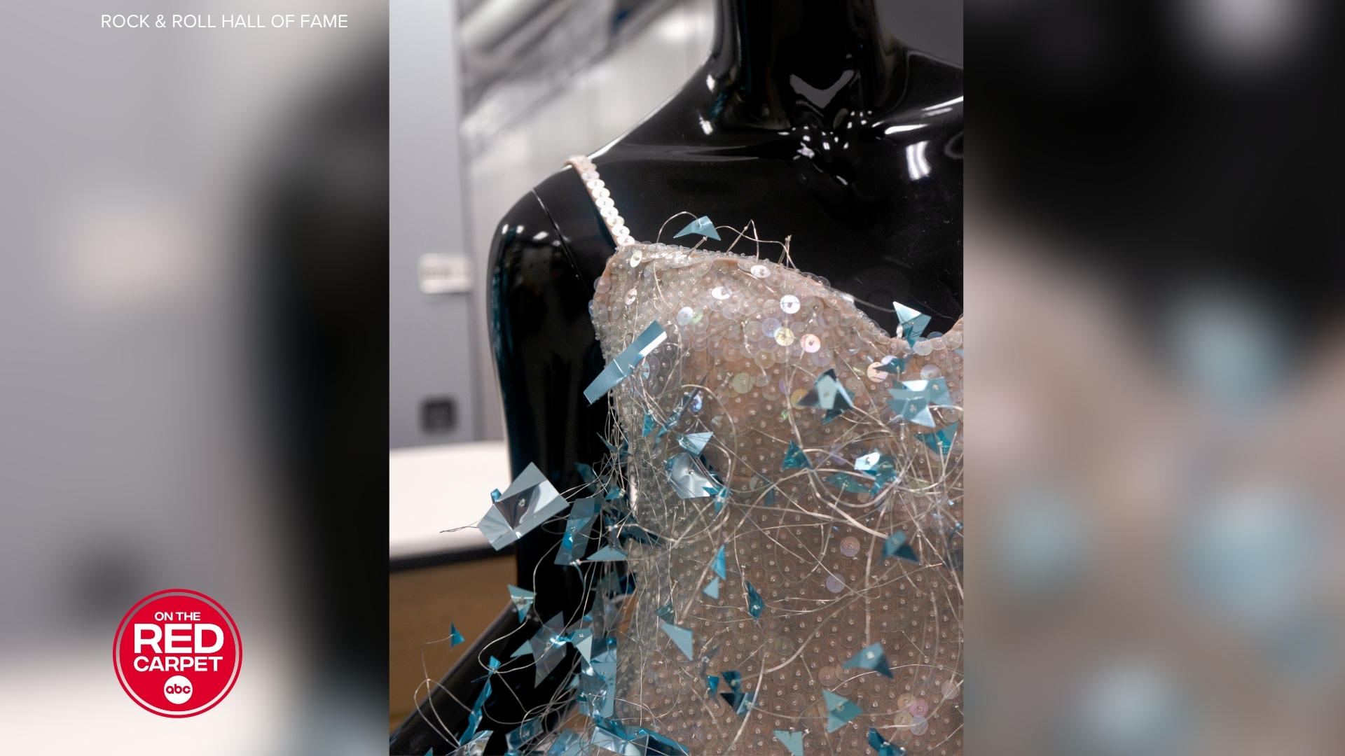 A sparkly bodysuit from Taylor Swift's "The Fate of Ophelia" music video on display at the Rock & Roll Hall of Fame.