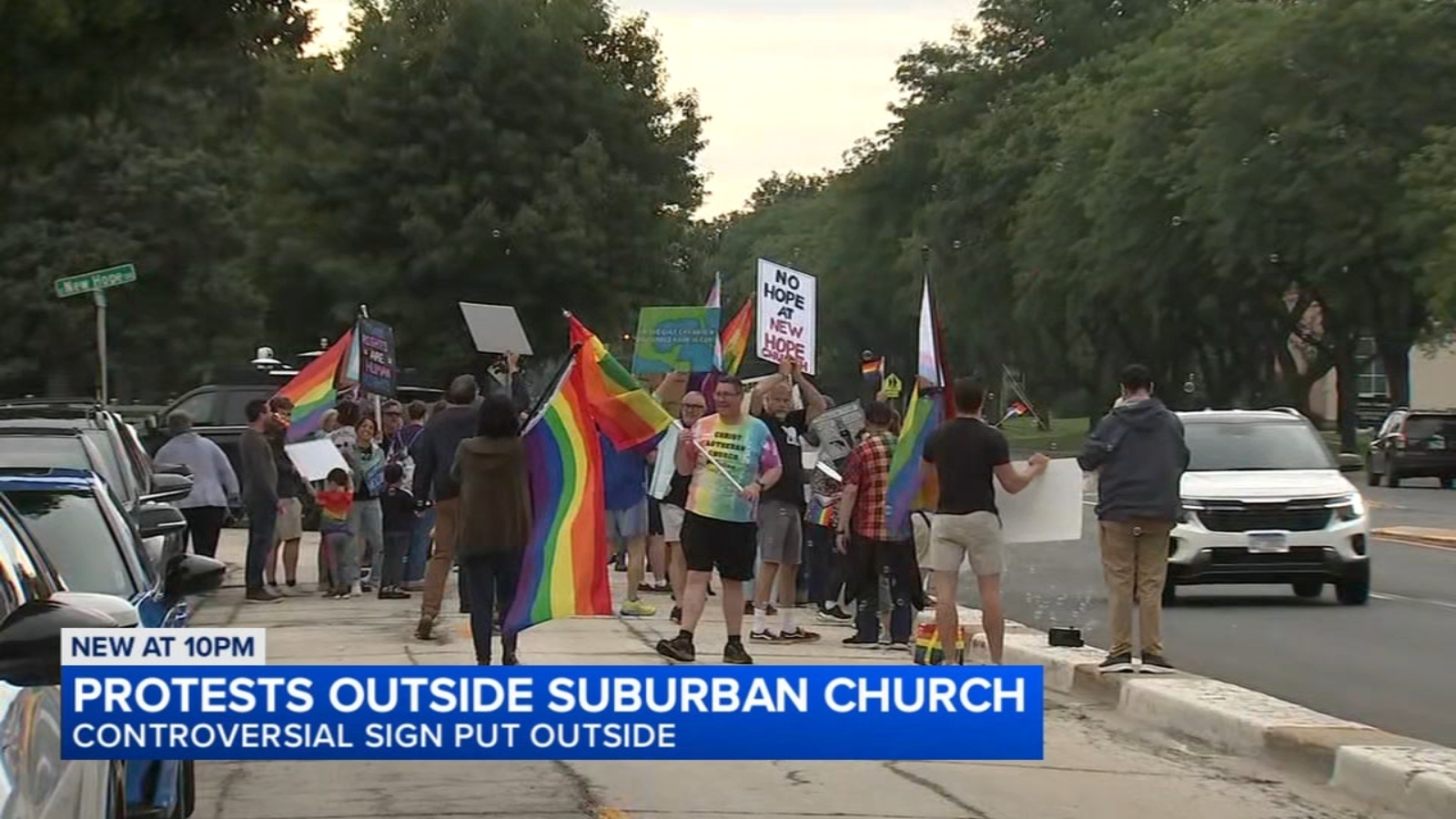 Protest over church sign draws dozens in Palatine ahead of weekend LGBTQ+ Pride celebrations