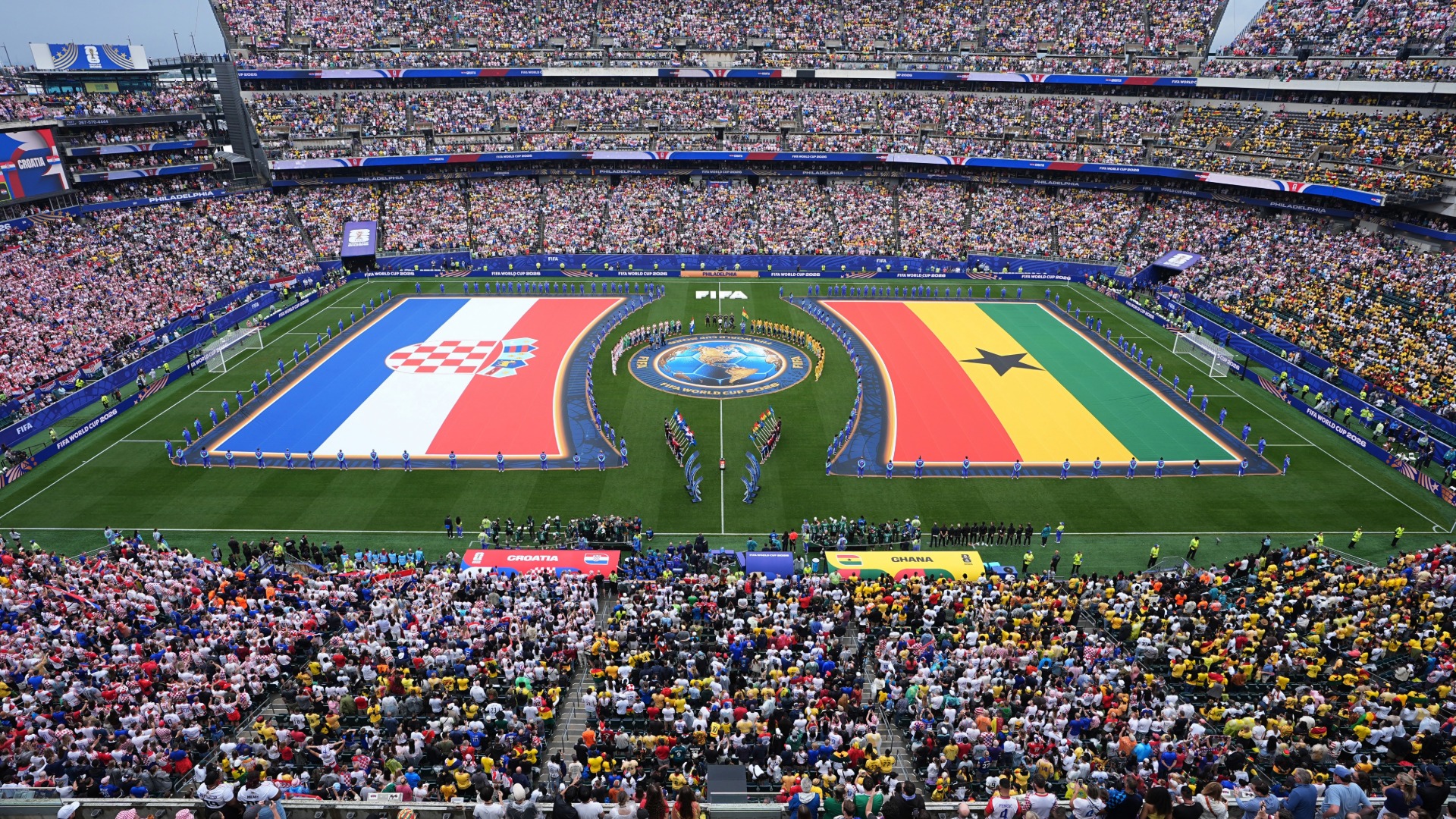 Players stand for the national anthem before the World Cup Group L soccer match between Croatia and Ghana in Philadelphia, Saturday, June 27, 2026.