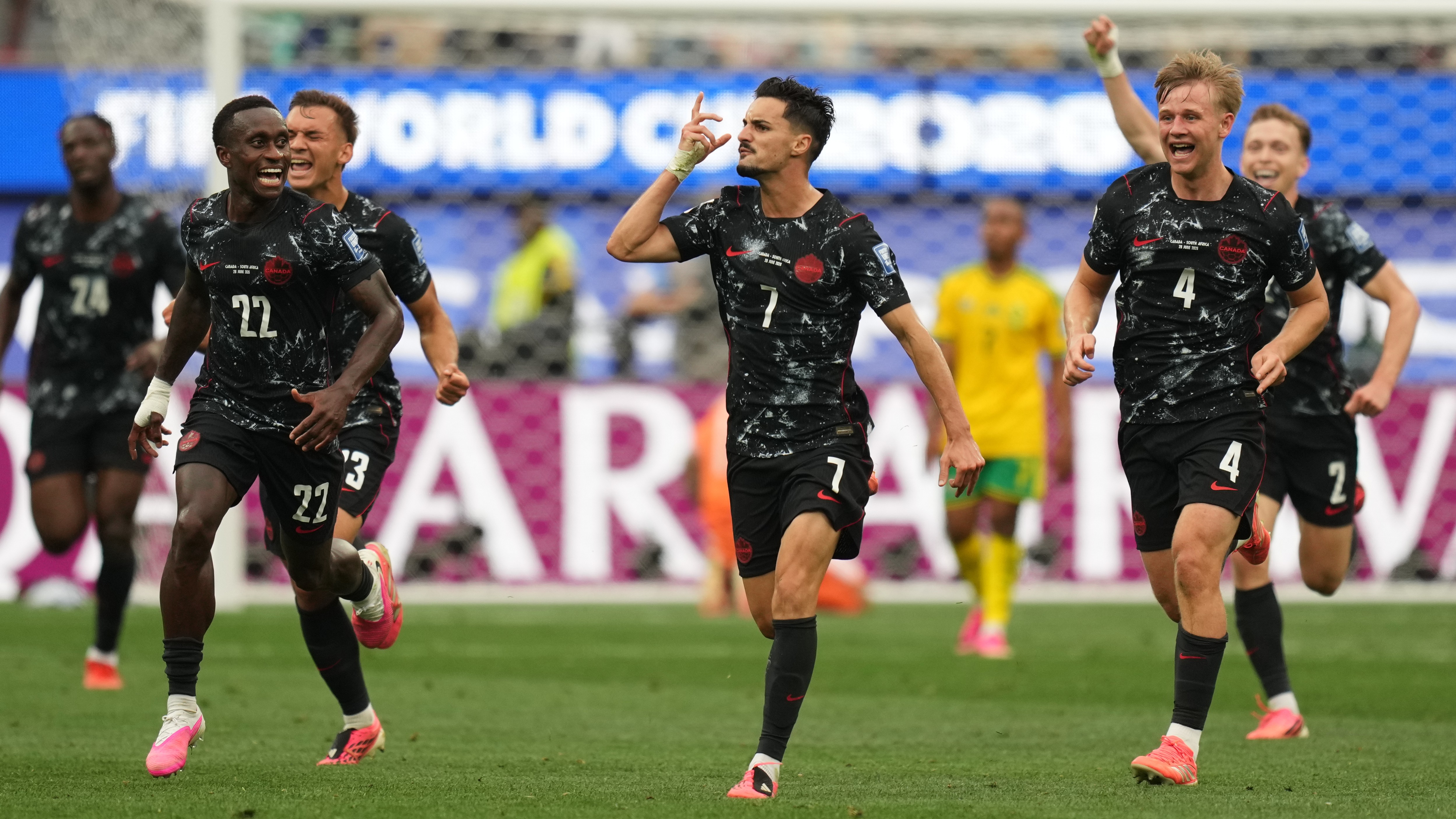 Canada's Stephen Eustaquio celebrates scoring their opening goal against South Africa during the World Cup round of 32 soccer match in Inglewood, Calif., Sunday, June 28, 2026.